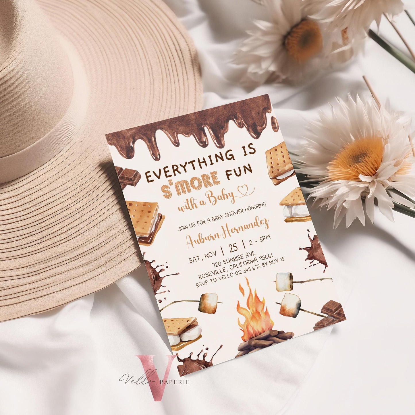 Editable S'mores Baby Shower Invitation | FALL Camping Bonfire Baby Shower | Campire Smore Fun with Baby Party | Autumn Couple Shower SBS01