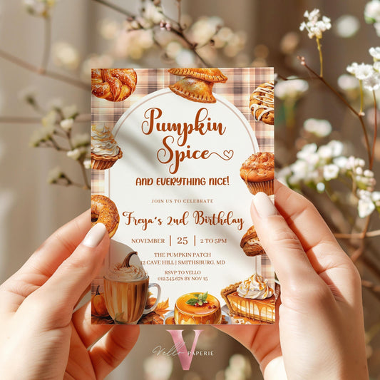 Editable Autumn Pumpkin Spice Birthday Party Invitation | FALL Pumpkin Dessert Drink Birthday Invite | Neutral Boy or Girl Kid Pumpkin Party