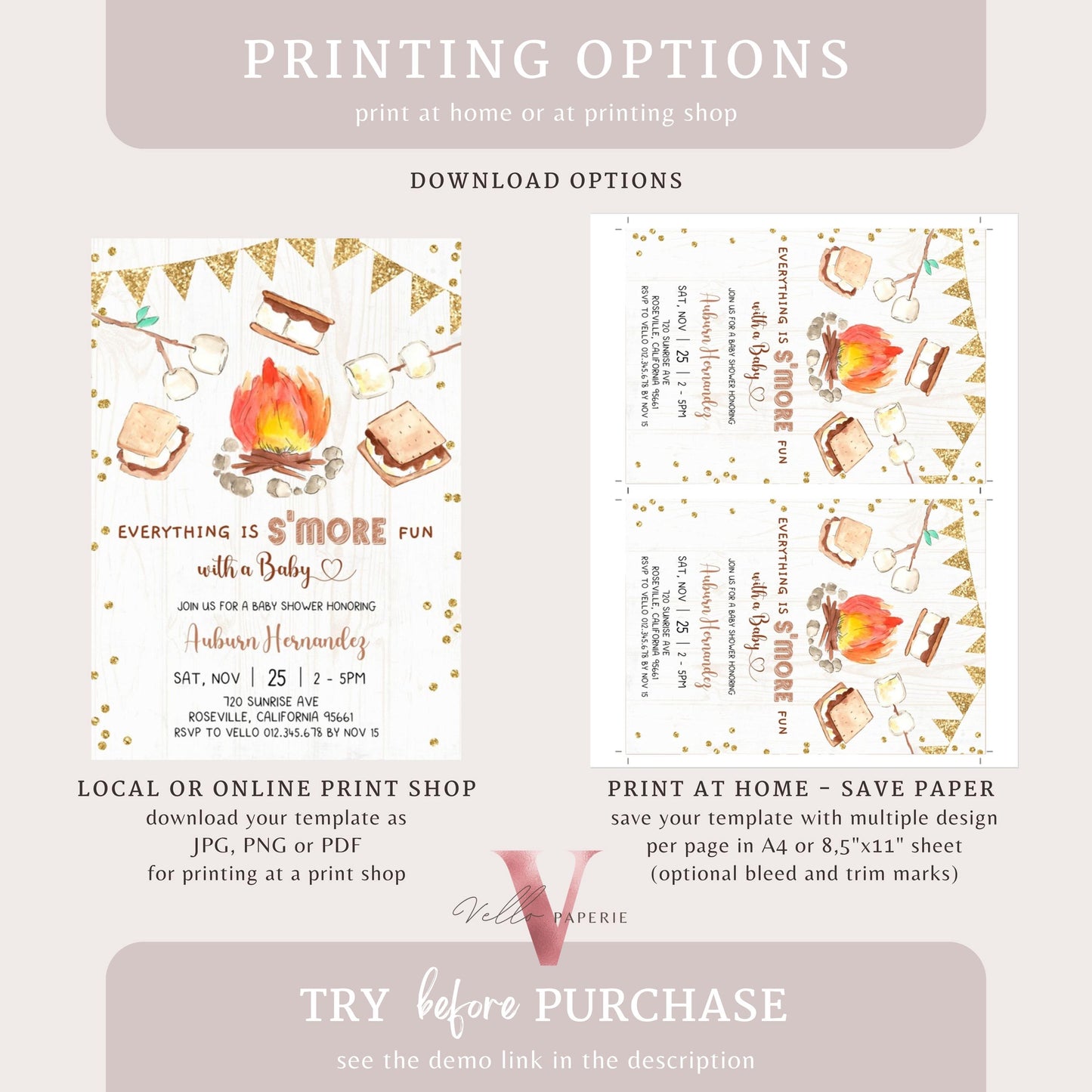 Editable S'mores Baby Shower Invitation | FALL Camping Bonfire Baby Shower | Campire Smore Fun with Baby Party | Autumn Couple Shower SBS01