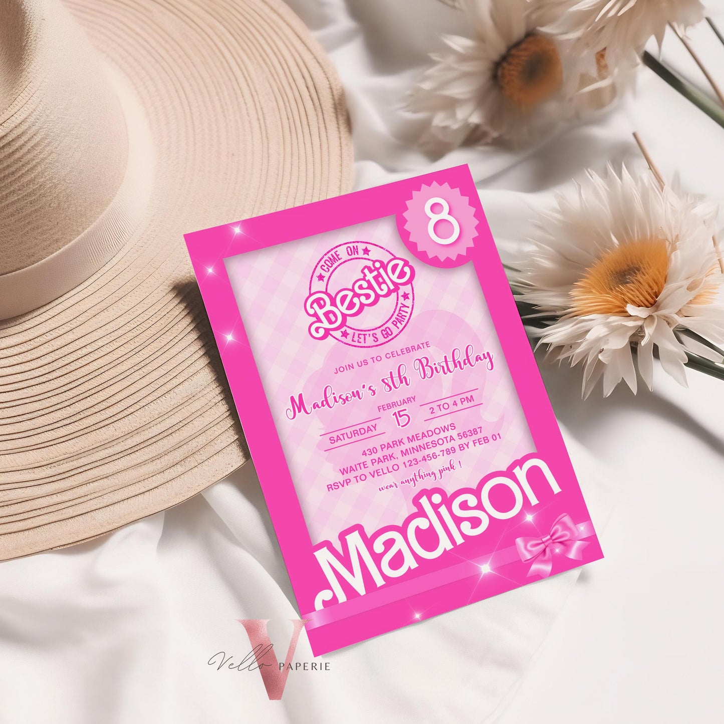 Editable "Bestie" Pink Sparkle Fashion Doll Box Birthday Invitation | Pink Fashion Doll Come On Lets Go Party Invite Instant Template PD29