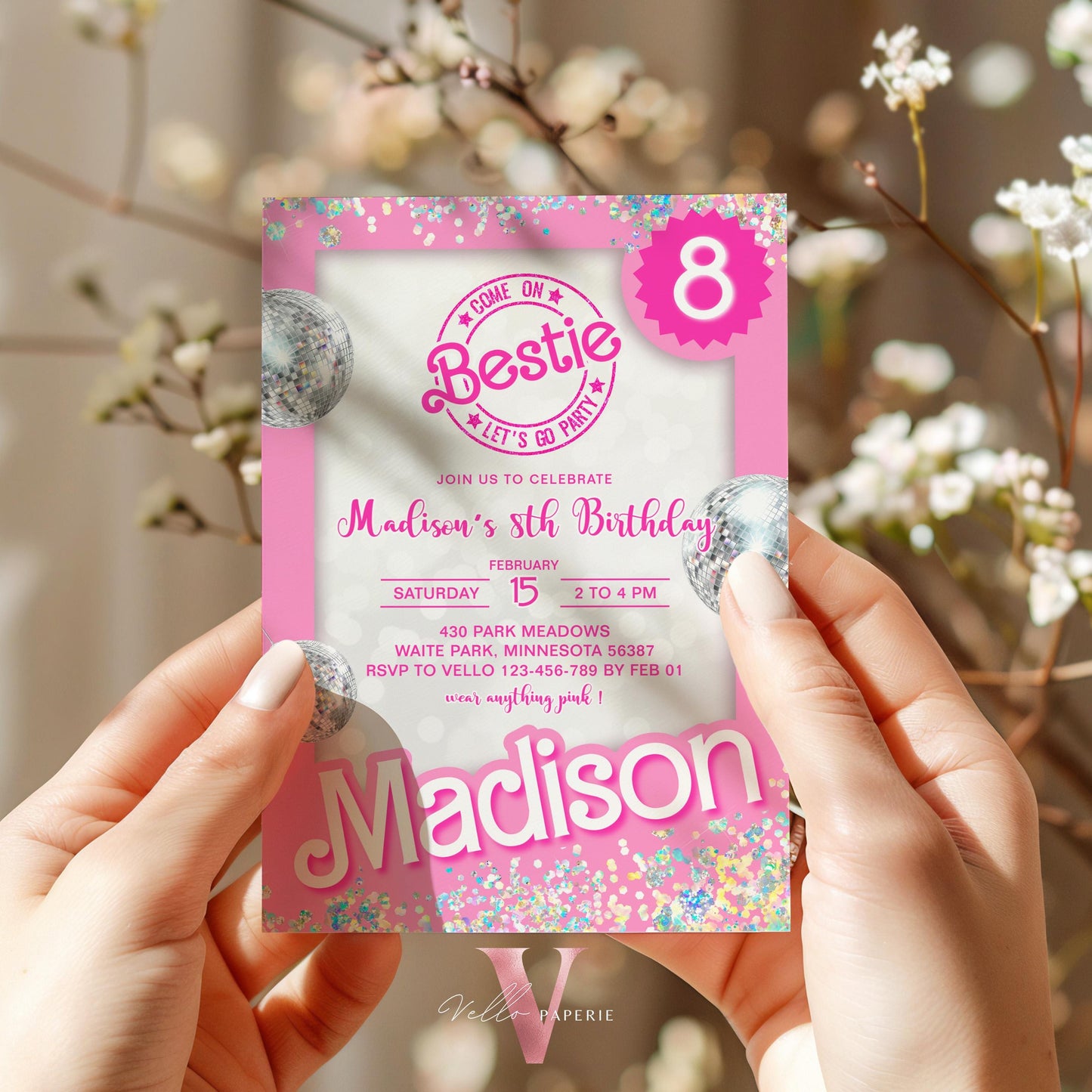 Editable "Bestie" Disco Pink Sparkle Fashion Doll Box Birthday Invitation | Pink Fashion Doll Come On Lets Go Party Invite Instant PD30