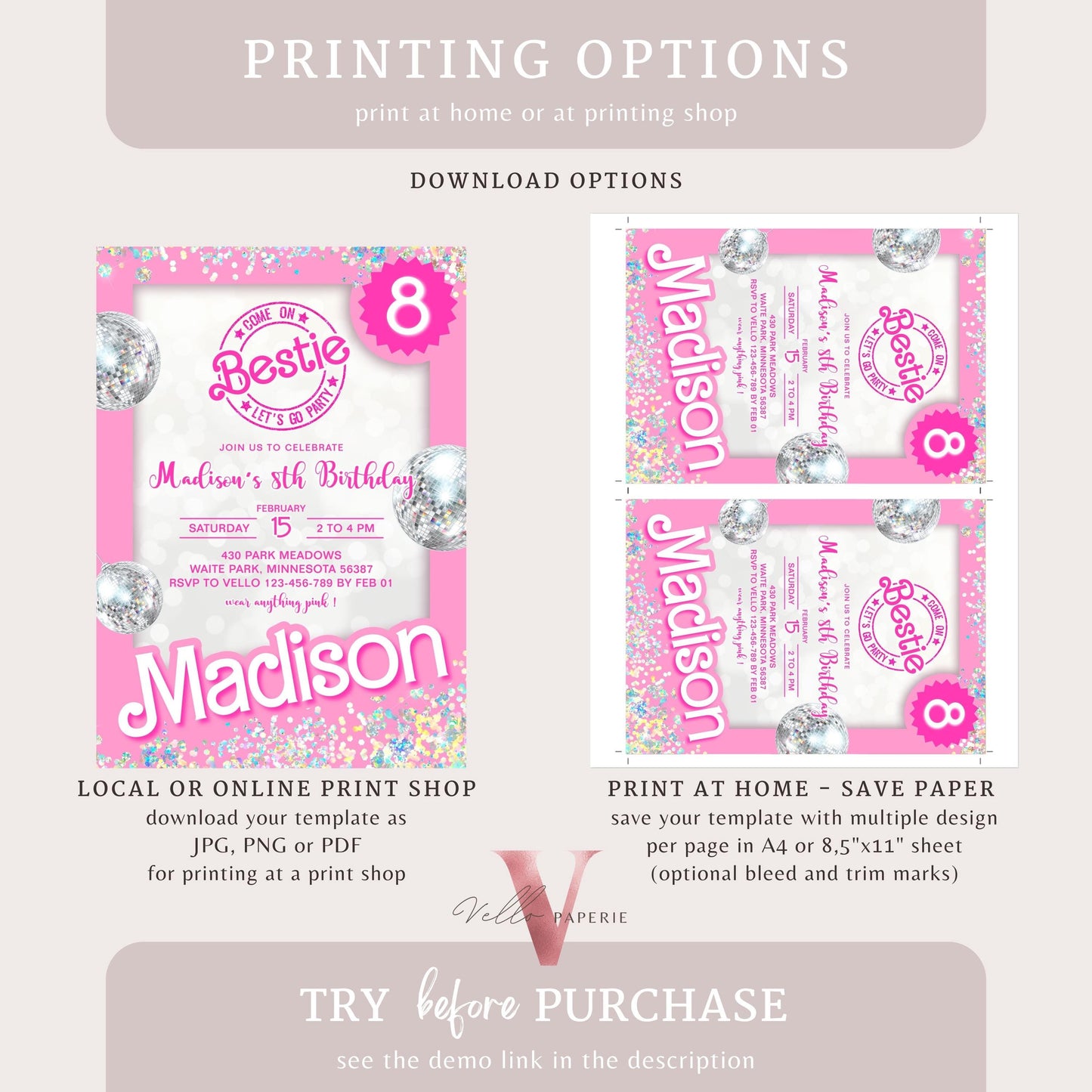 Editable "Bestie" Disco Pink Sparkle Fashion Doll Box Birthday Invitation | Pink Fashion Doll Come On Lets Go Party Invite Instant PD30