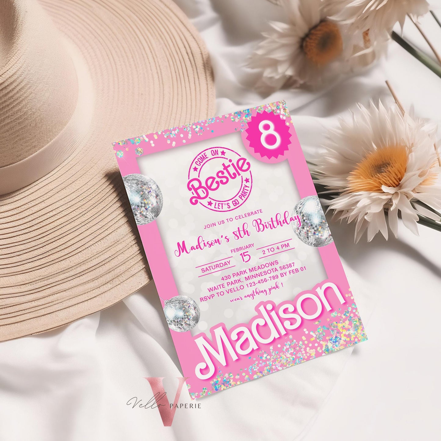 Editable "Bestie" Disco Pink Sparkle Fashion Doll Box Birthday Invitation | Pink Fashion Doll Come On Lets Go Party Invite Instant PD30