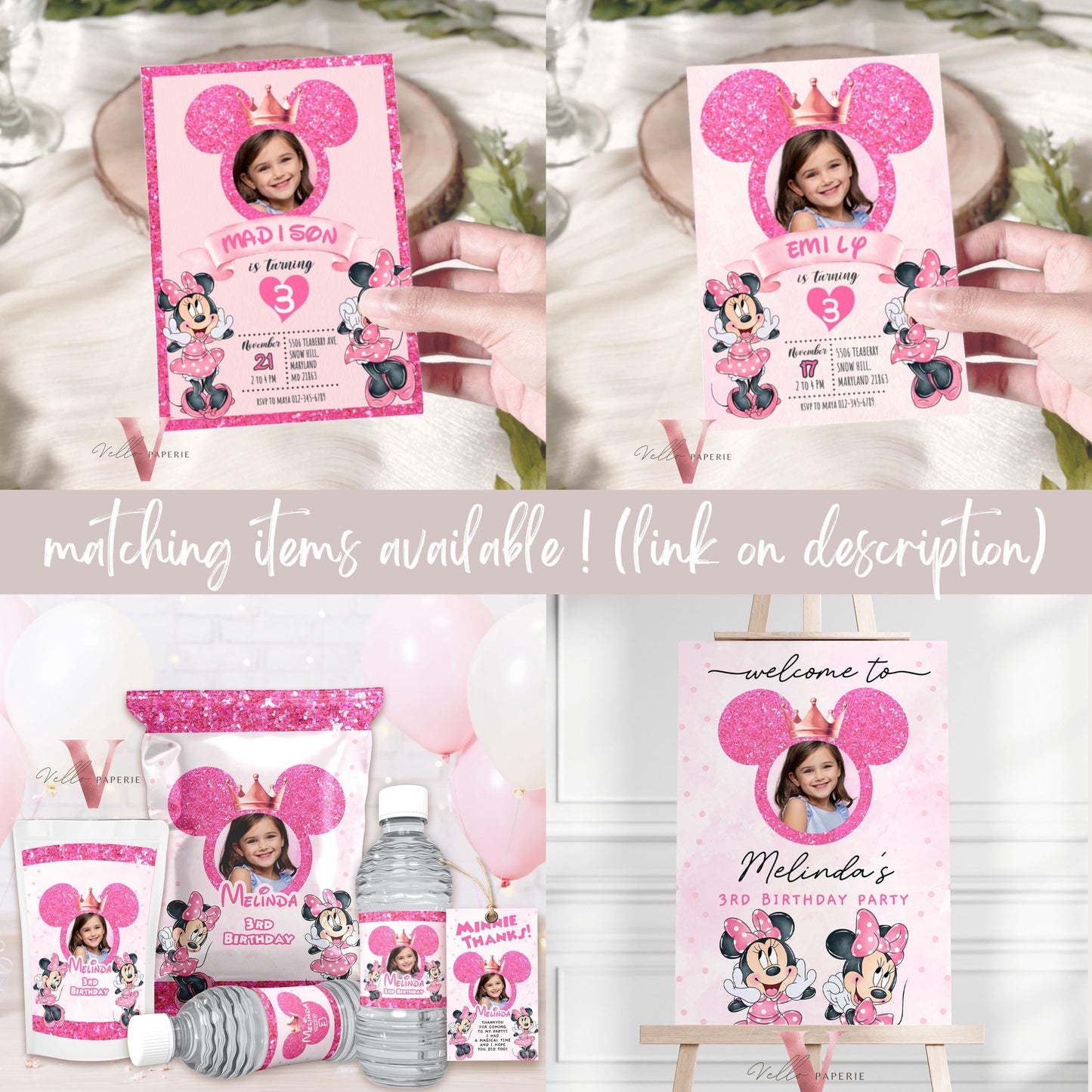 Photo Pink Minnie Birthday Invitation | Editable Printable Glitter Minnie Birthday Girl Party Invite with Photo Instant Template MMB03
