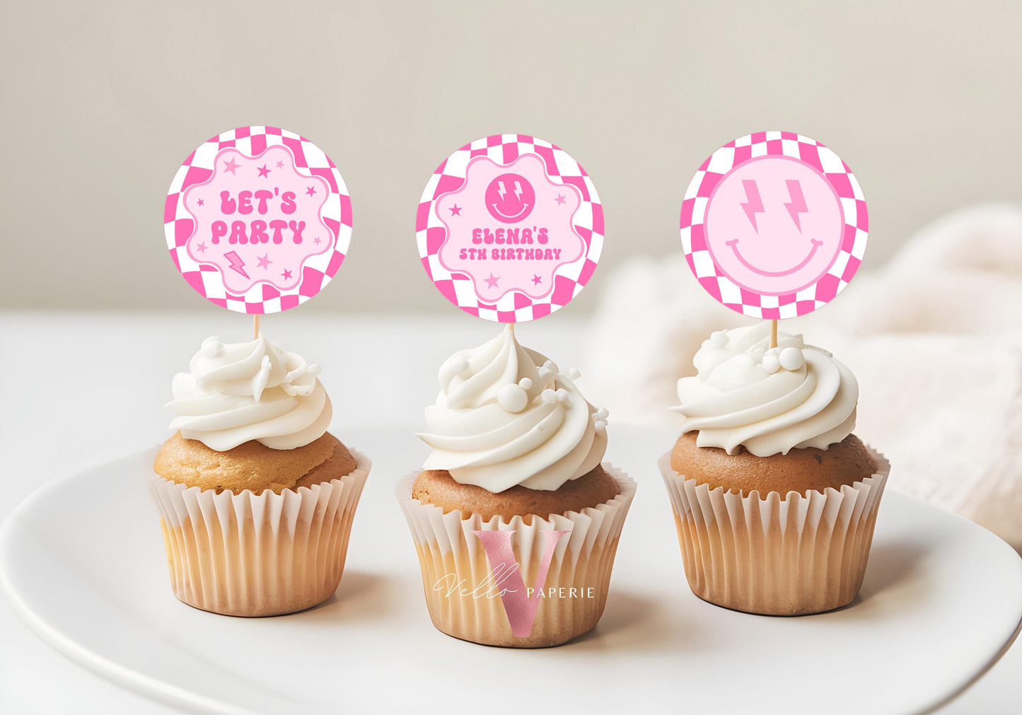 Pink Smile Face Groovy Birthday Cupcake Topper | Editable Retro Happy Face Birthday Cake Decor | Emoji Lighting Bolt Party Decor PSG01