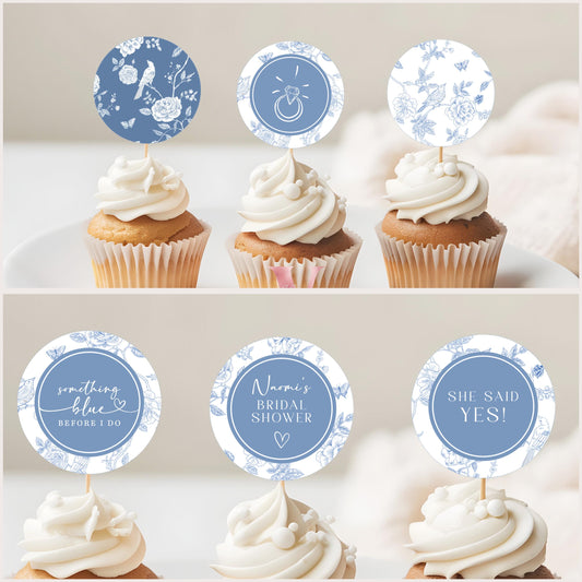 Something Blue before I DO Bridal Shower Party Cupcake Topper | Blue Toile de Juoy Flower Cake Decor | Arch Vintage Blue Bride to Be SBB01