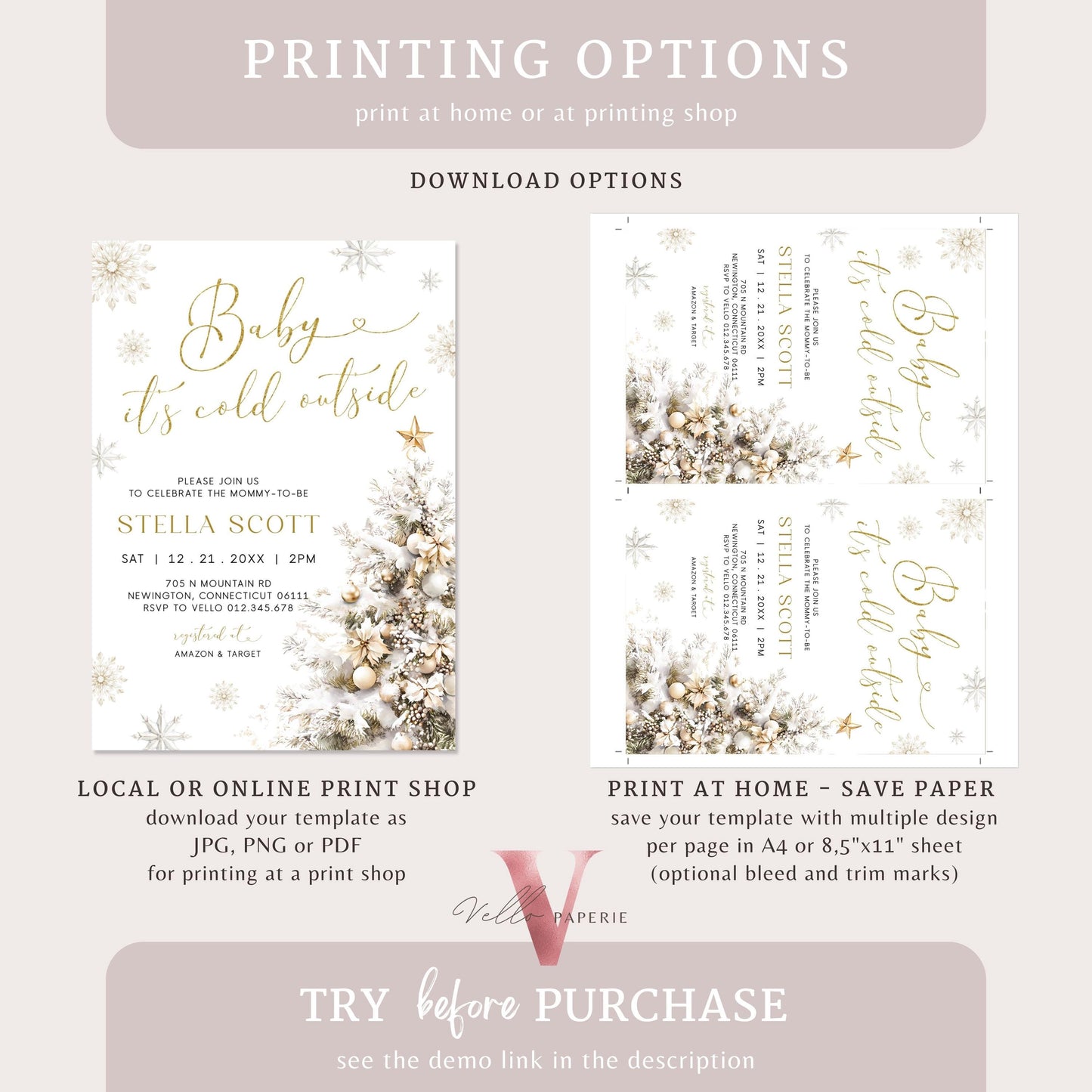 Neutral Baby It's Cold Outside Baby Shower Invitation | Winter Snowflakes Baby Shower Invite | Modern Silver Gold Christmas Tree Baby WBS01