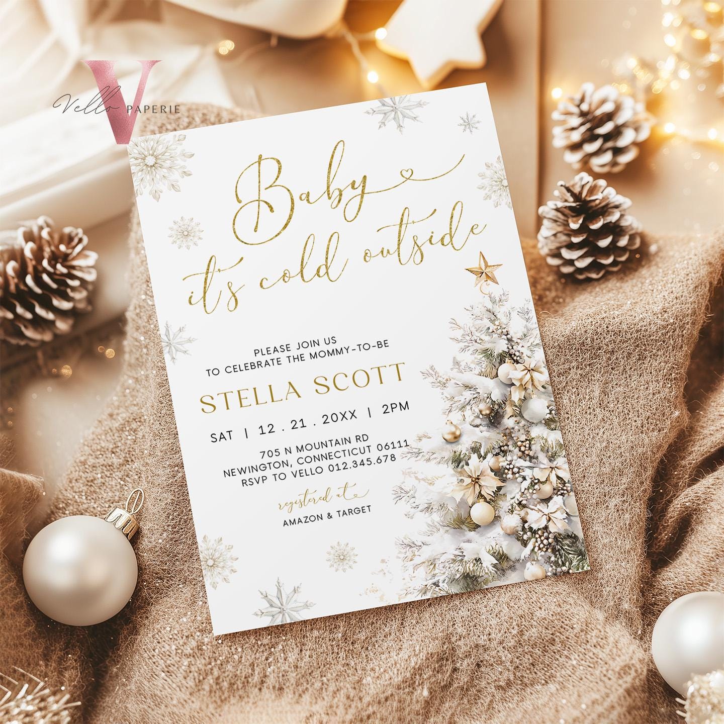 Neutral Baby It's Cold Outside Baby Shower Invitation | Winter Snowflakes Baby Shower Invite | Modern Silver Gold Christmas Tree Baby WBS01