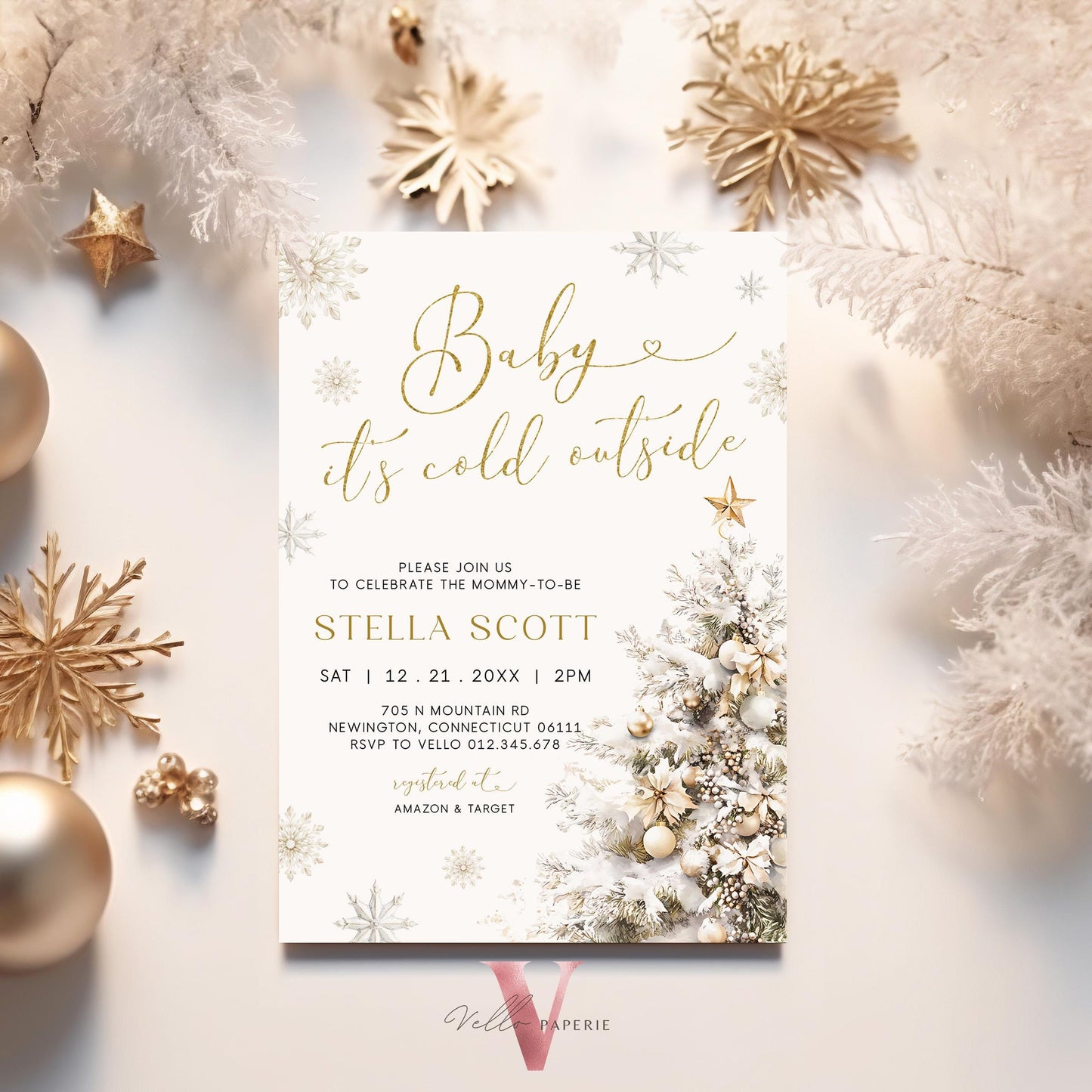 Neutral Baby It's Cold Outside Baby Shower Invitation | Winter Snowflakes Baby Shower Invite | Modern Silver Gold Christmas Tree Baby WBS01