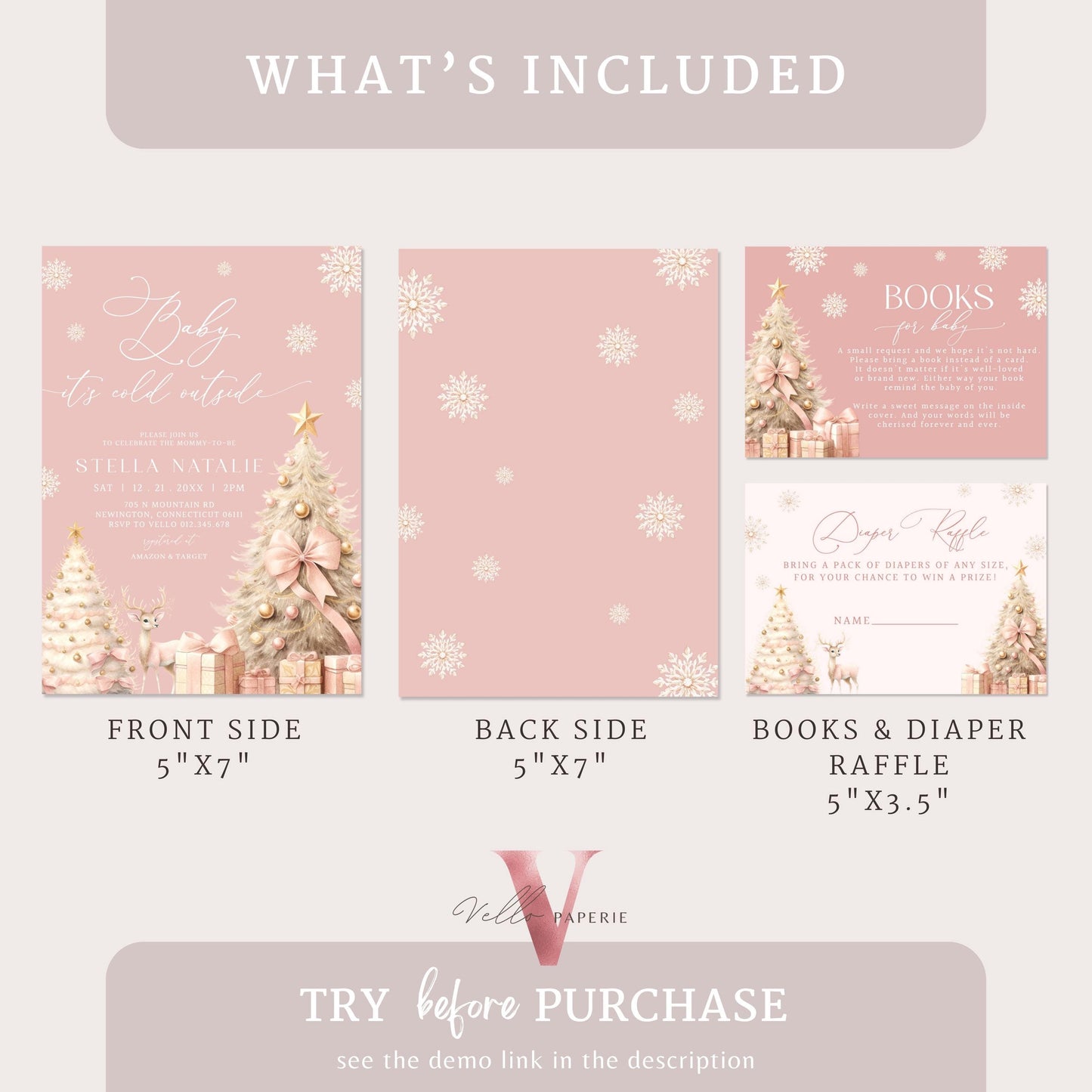 BUNDLE Blush Pink Baby It's Cold Outside Shower Invitation | Winter Snowflakes Baby Invite | Modern Pink Christmas Tree Baby Shower WBS01