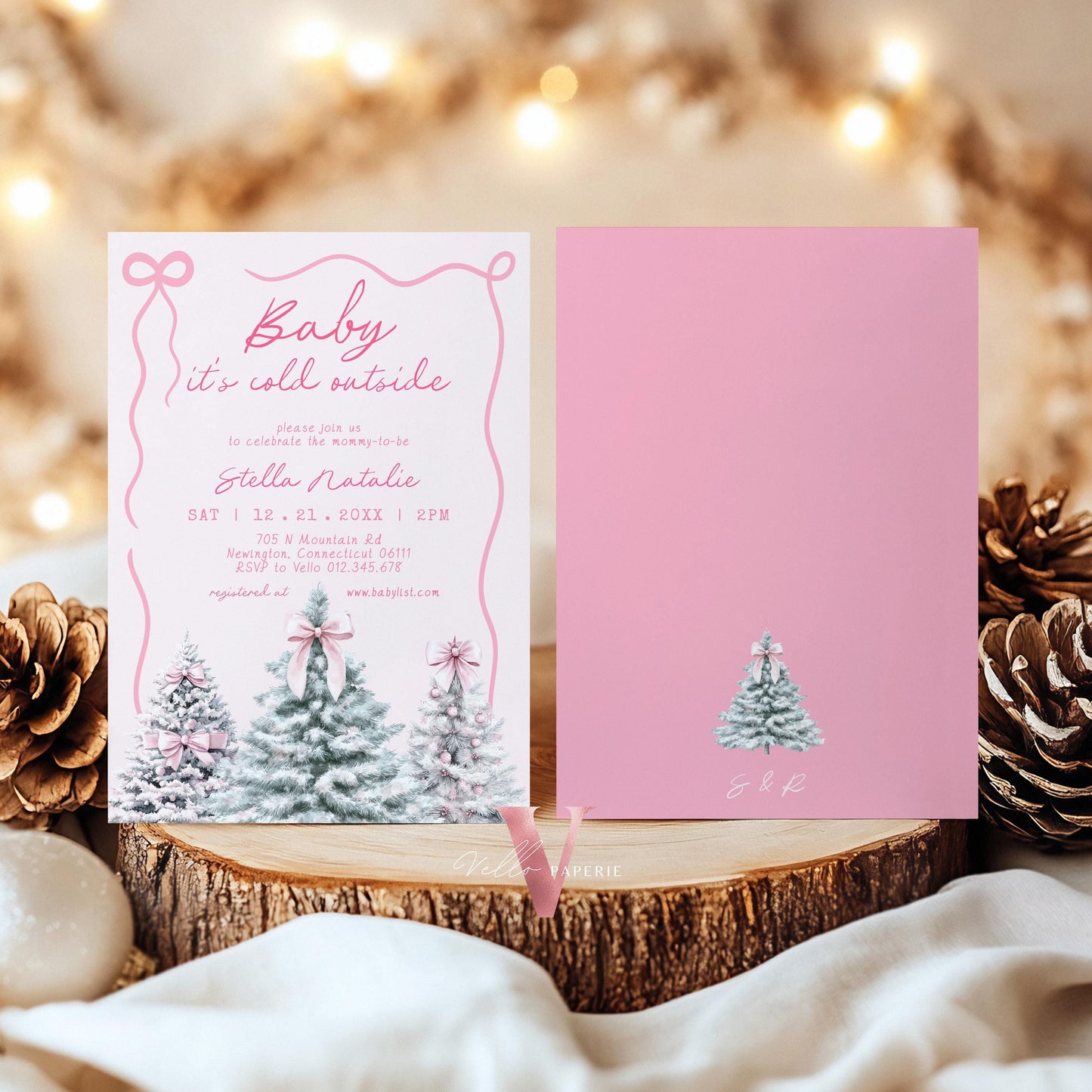 BUNDLE Cute Pink Baby It's Cold Outside Shower Invitation | Winter Snowflakes Baby Invite | Modern Pink Christmas Tree Baby Shower WBS01