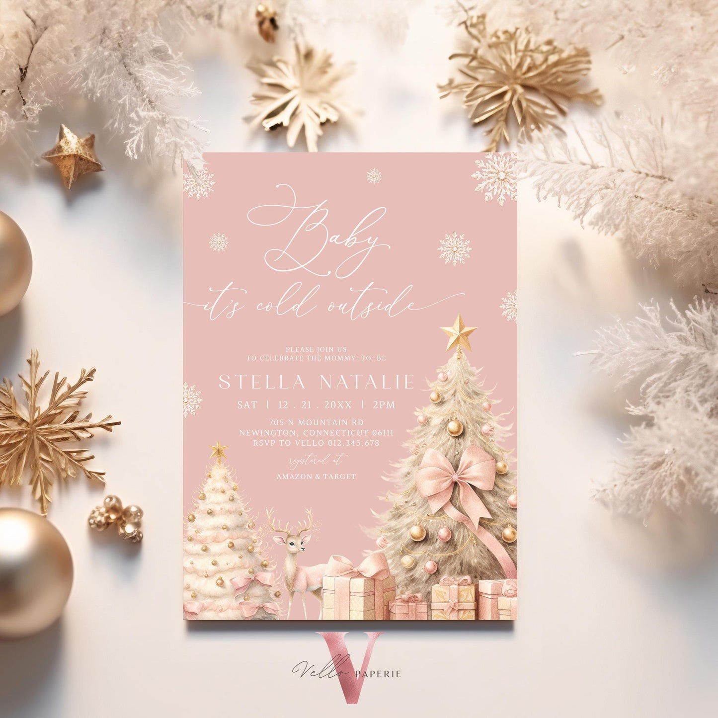 BUNDLE Blush Pink Baby It's Cold Outside Shower Invitation | Winter Snowflakes Baby Invite | Modern Pink Christmas Tree Baby Shower WBS01