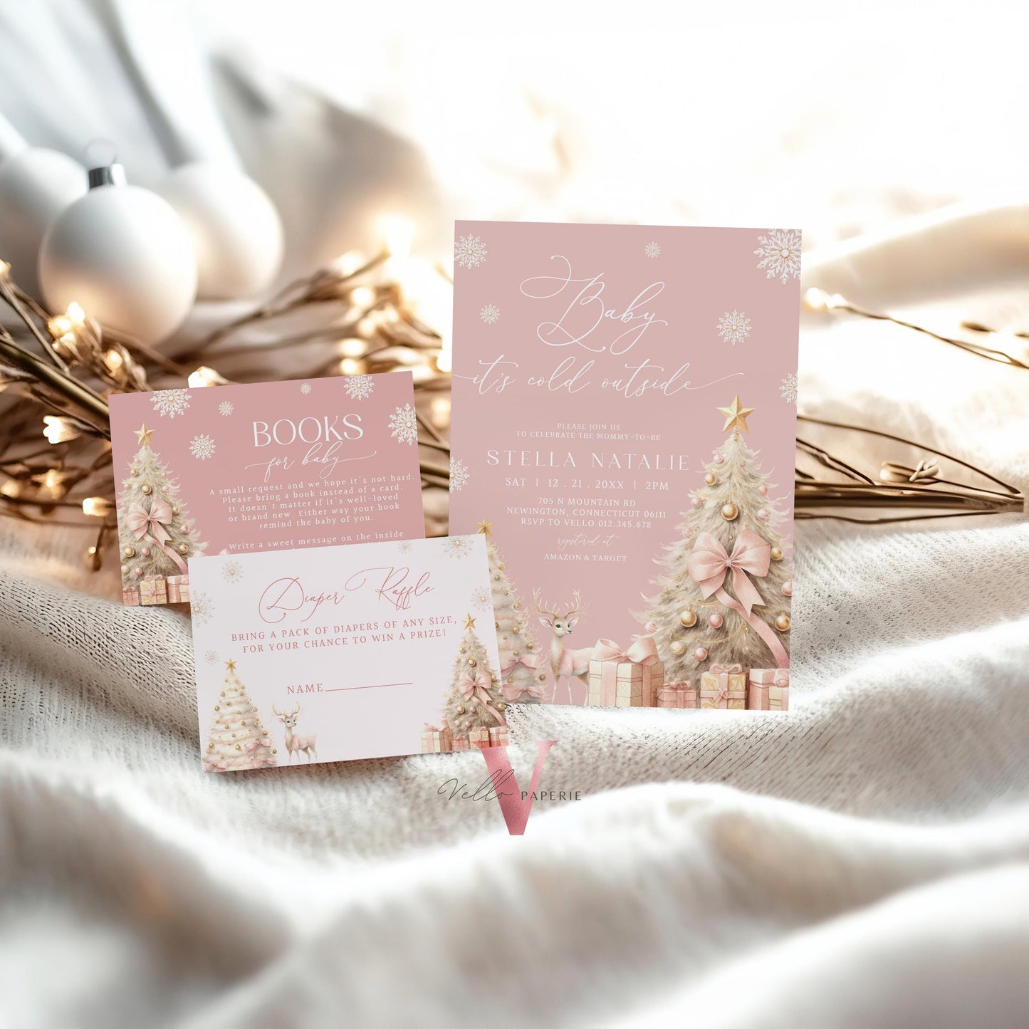 BUNDLE Blush Pink Baby It's Cold Outside Shower Invitation | Winter Snowflakes Baby Invite | Modern Pink Christmas Tree Baby Shower WBS01