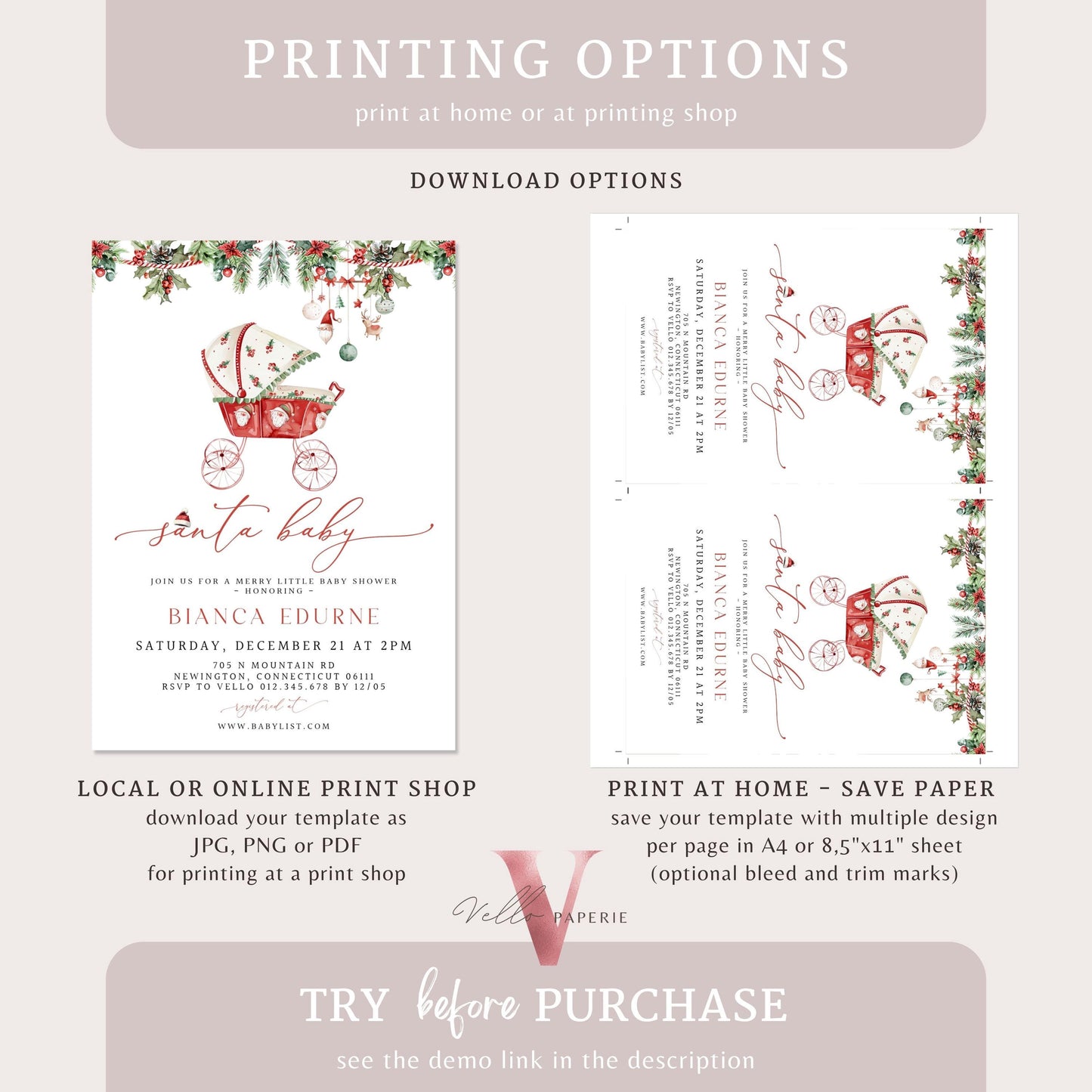 BUNDLE Little Santa Baby Shower Invitation | Winter Gender Neutral Baby Invite | Modern Christmas Leaves Baby Carriage, Stroller Baby CWBS01