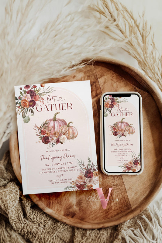 Free EVITE Autumn Thanksgiving DINNER Invitation | FALL Lets Gather Together Friendsgiving Invite | Potluck Modern or Rustic Pumpkin Casual