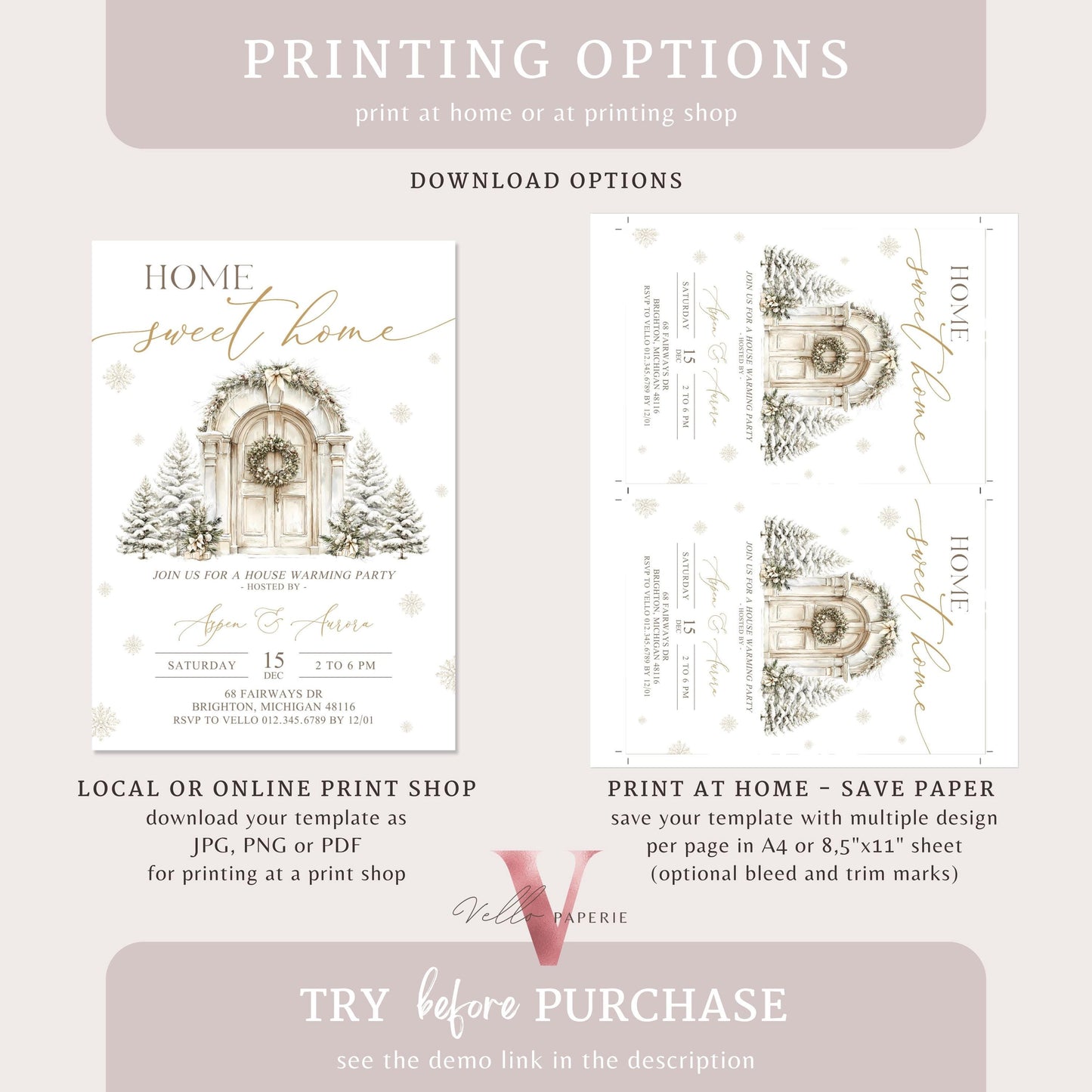 Winter House Warming Invitation | Beige Gold Home Sweet Home Party Invite | Modern or Rustic New House Celebration Christmas Decor WHW01