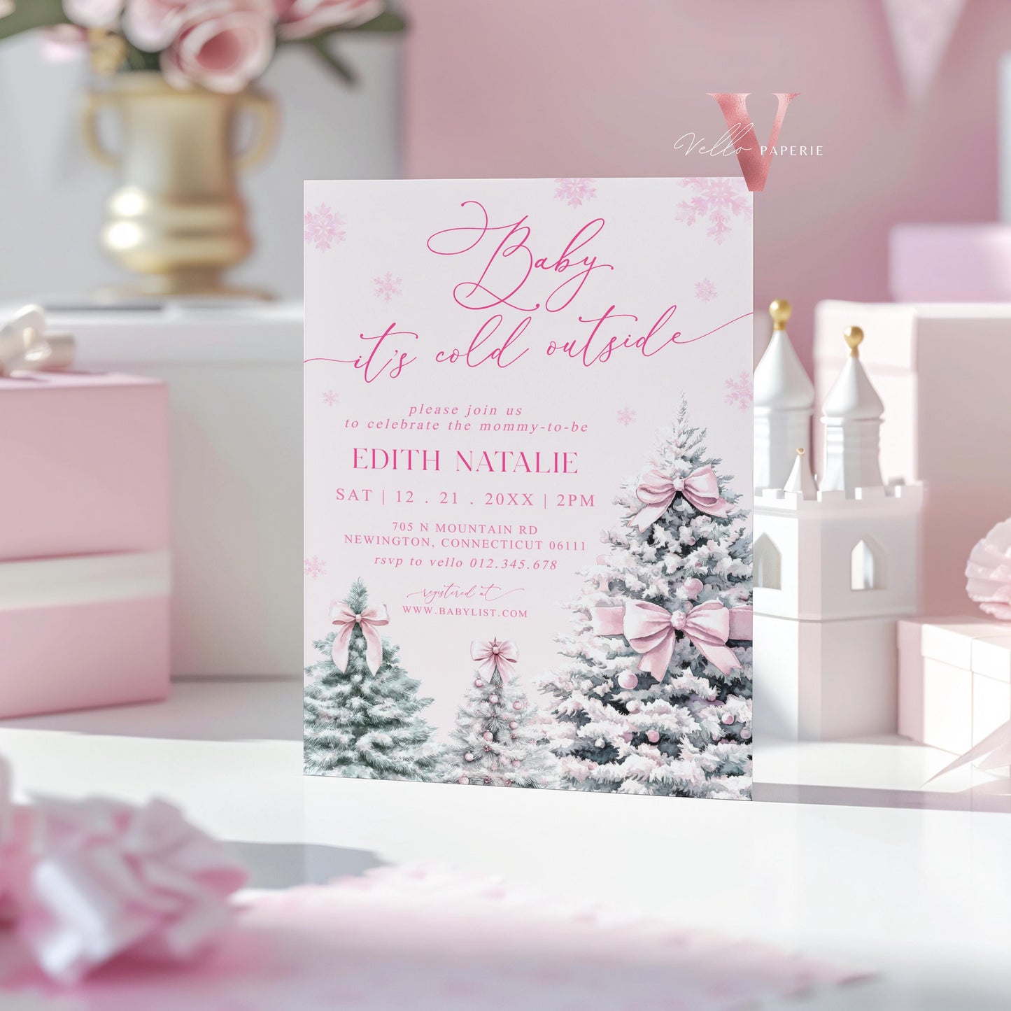BUNDLE Cute Pink Baby It's Cold Outside Shower Invitation | Winter Snowflakes Baby Invite | Modern Pink Christmas Tree Baby Shower WBS01