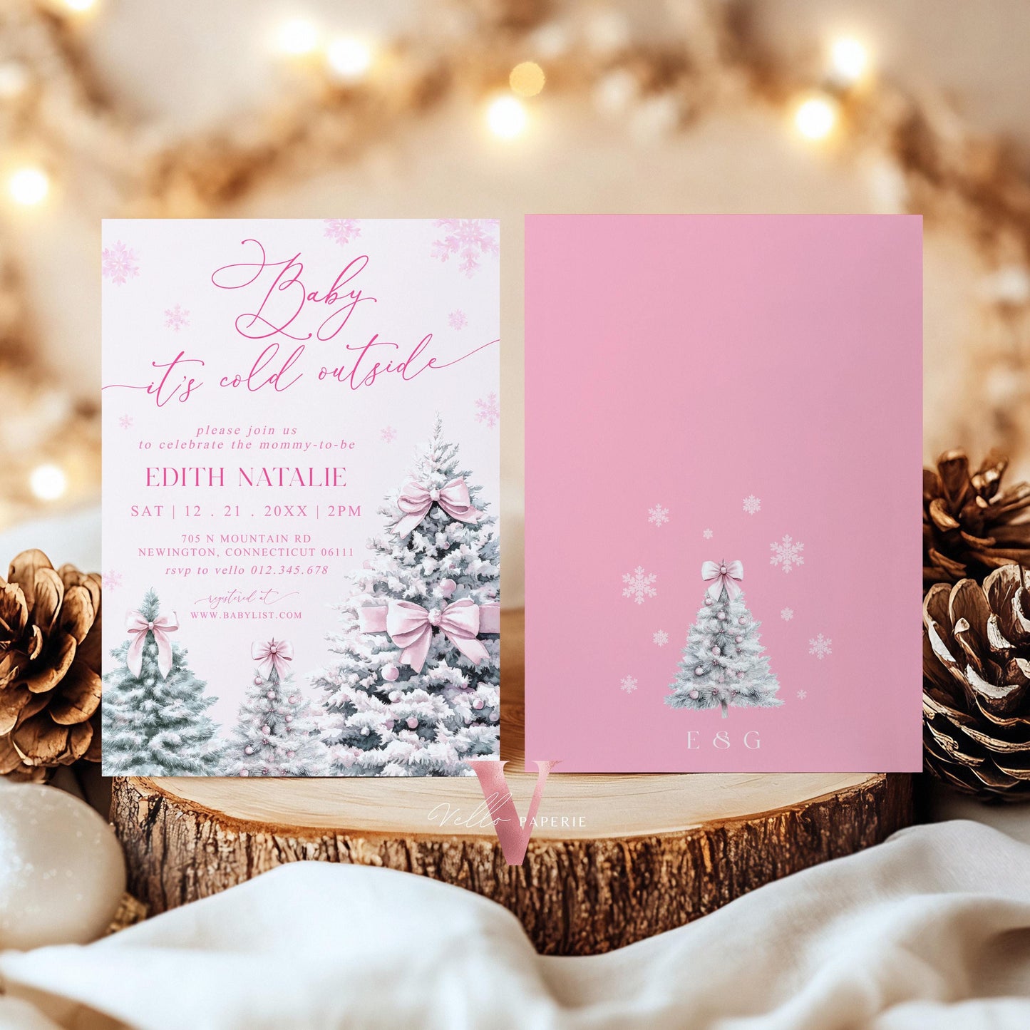 BUNDLE Cute Pink Baby It's Cold Outside Shower Invitation | Winter Snowflakes Baby Invite | Modern Pink Christmas Tree Baby Shower WBS01