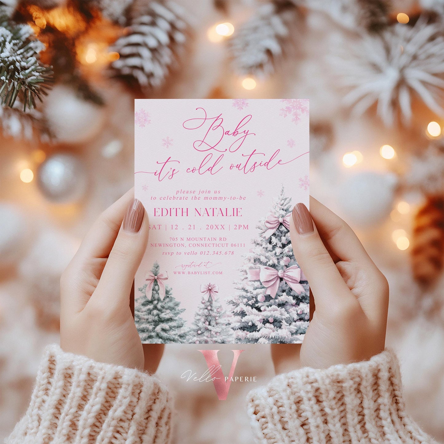 BUNDLE Cute Pink Baby It's Cold Outside Shower Invitation | Winter Snowflakes Baby Invite | Modern Pink Christmas Tree Baby Shower WBS01