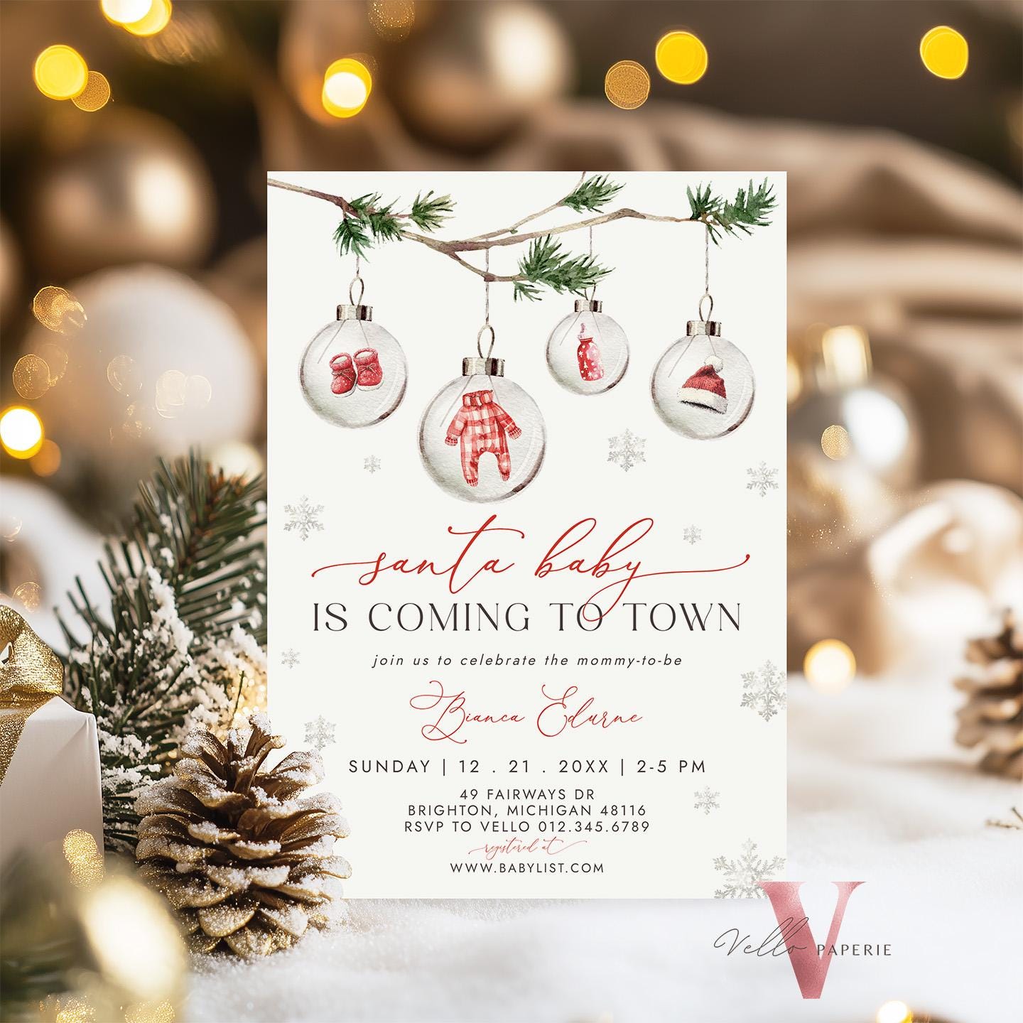 BUNDLE Little Santa is Coming to Town Baby Shower Invitation | Winter Gender Neutral Baby Invite | Modern Red Silver Christmas Glass CWBS01