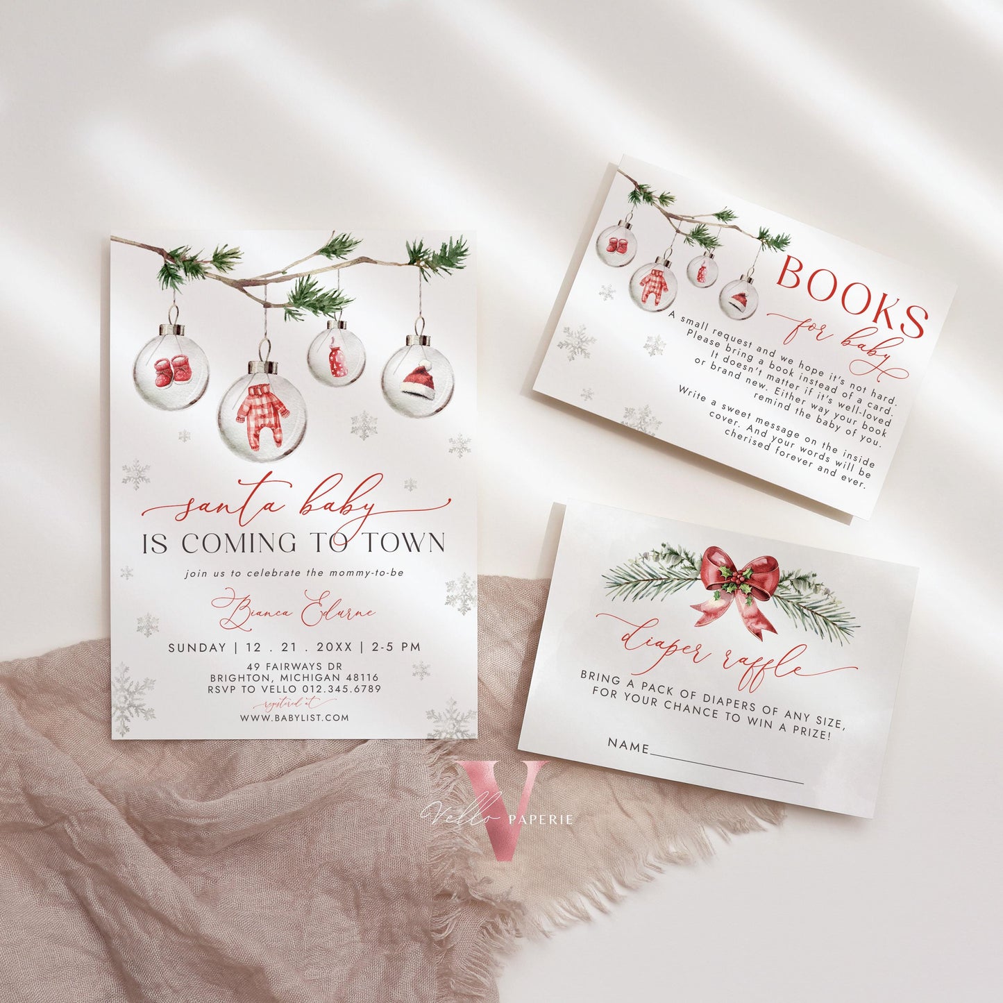 BUNDLE Little Santa is Coming to Town Baby Shower Invitation | Winter Gender Neutral Baby Invite | Modern Red Silver Christmas Glass CWBS01