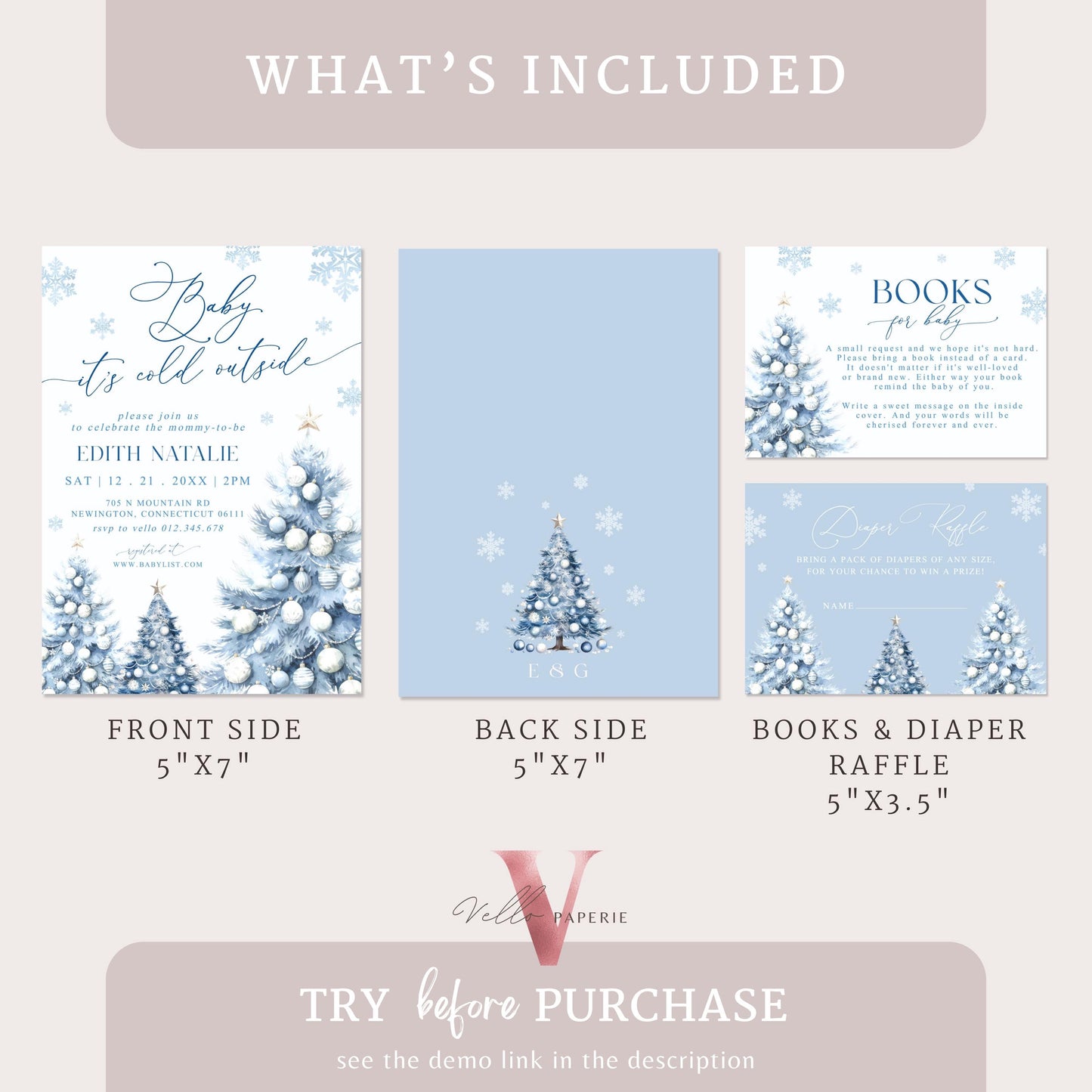 BUNDLE Dusty Blue Baby It's Cold Outside Shower Invitation | Winter Snowflakes Baby Invite | Modern Blue Christmas Tree Baby Shower WBS01