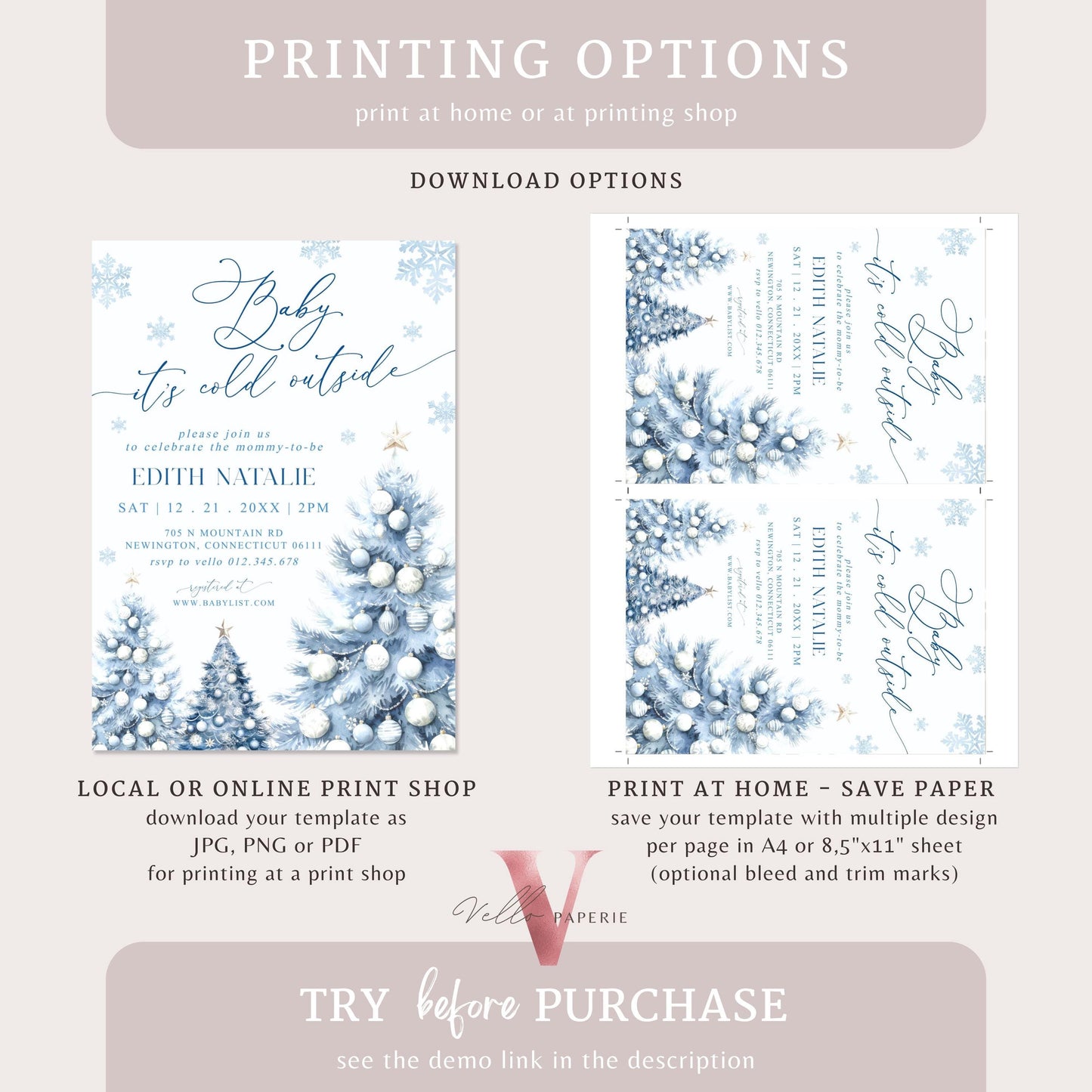 BUNDLE Dusty Blue Baby It's Cold Outside Shower Invitation | Winter Snowflakes Baby Invite | Modern Blue Christmas Tree Baby Shower WBS01