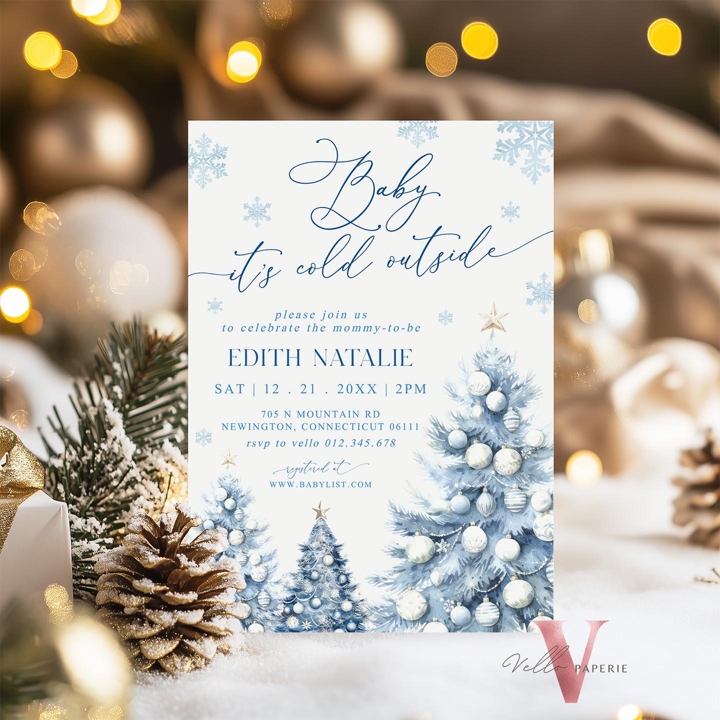 BUNDLE Dusty Blue Baby It's Cold Outside Shower Invitation | Winter Snowflakes Baby Invite | Modern Blue Christmas Tree Baby Shower WBS01