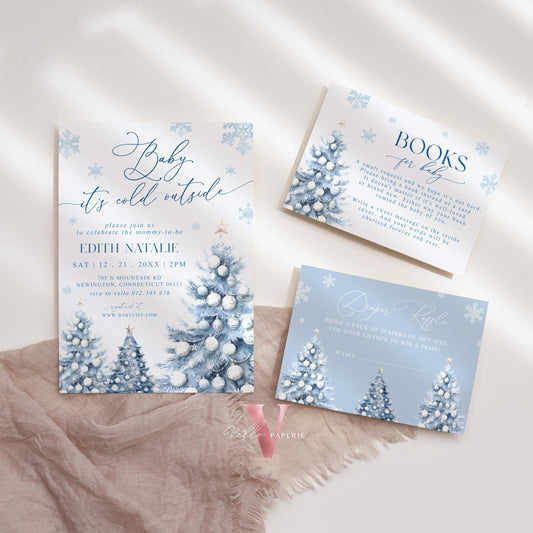 BUNDLE Dusty Blue Baby It's Cold Outside Shower Invitation | Winter Snowflakes Baby Invite | Modern Blue Christmas Tree Baby Shower WBS01