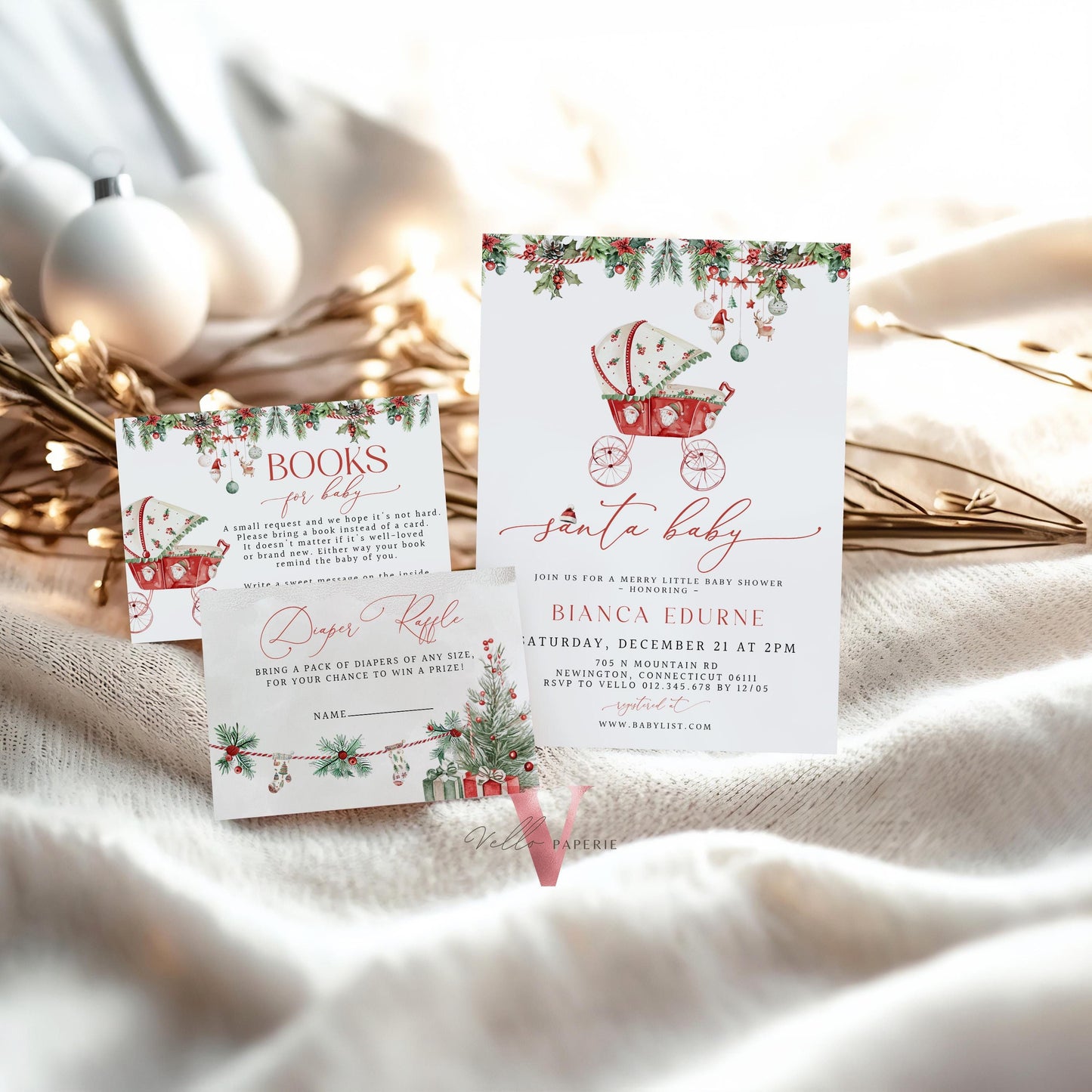 BUNDLE Little Santa Baby Shower Invitation | Winter Gender Neutral Baby Invite | Modern Christmas Leaves Baby Carriage, Stroller Baby CWBS01