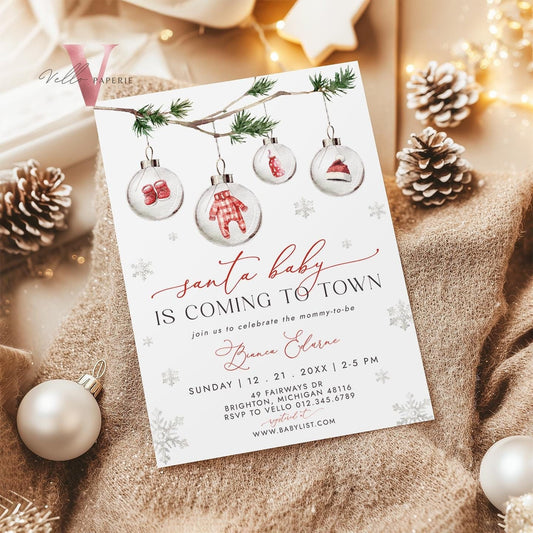 BUNDLE Little Santa is Coming to Town Baby Shower Invitation | Winter Gender Neutral Baby Invite | Modern Red Silver Christmas Glass CWBS01
