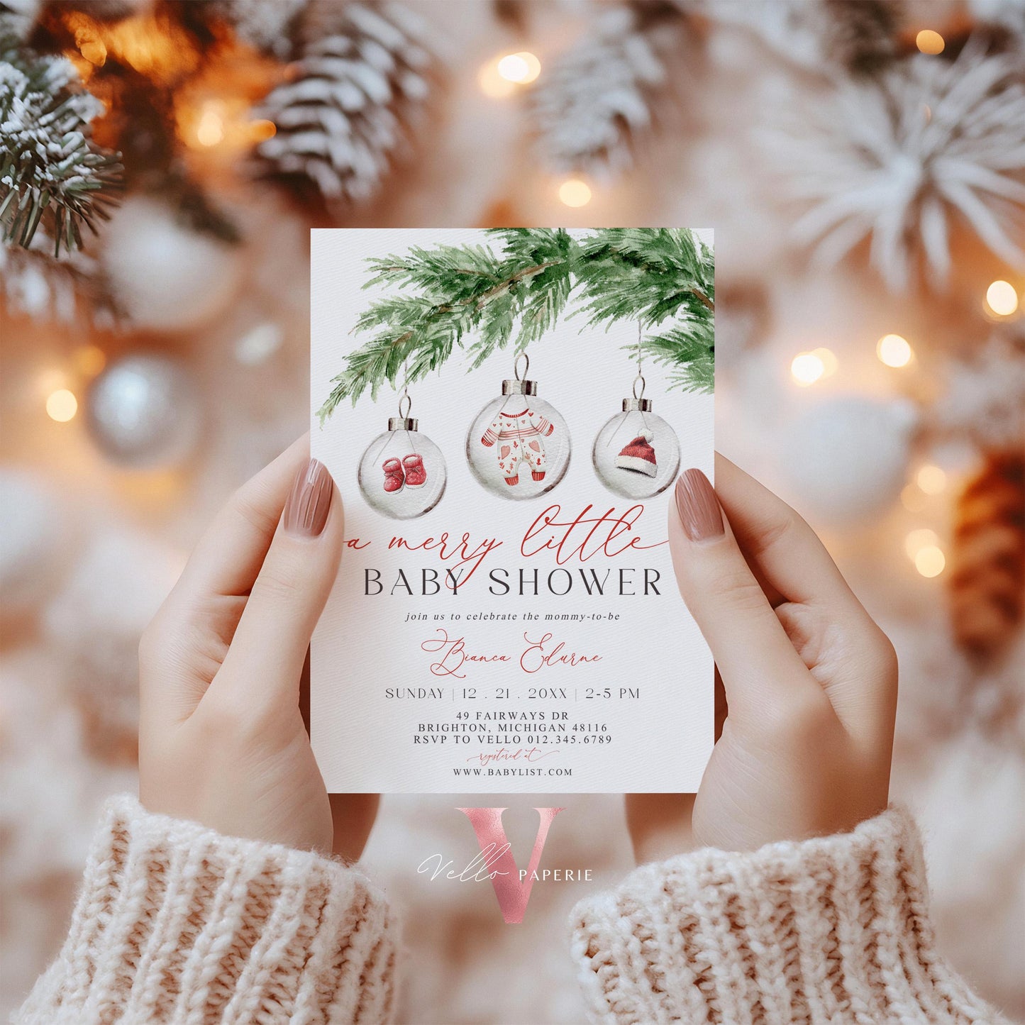 BUNDLE A Merry Little Baby Shower Invitation | Winter Gender Neutral Baby Coming Invite | Modern Red Silver Christmas Ball Glass CWBS01