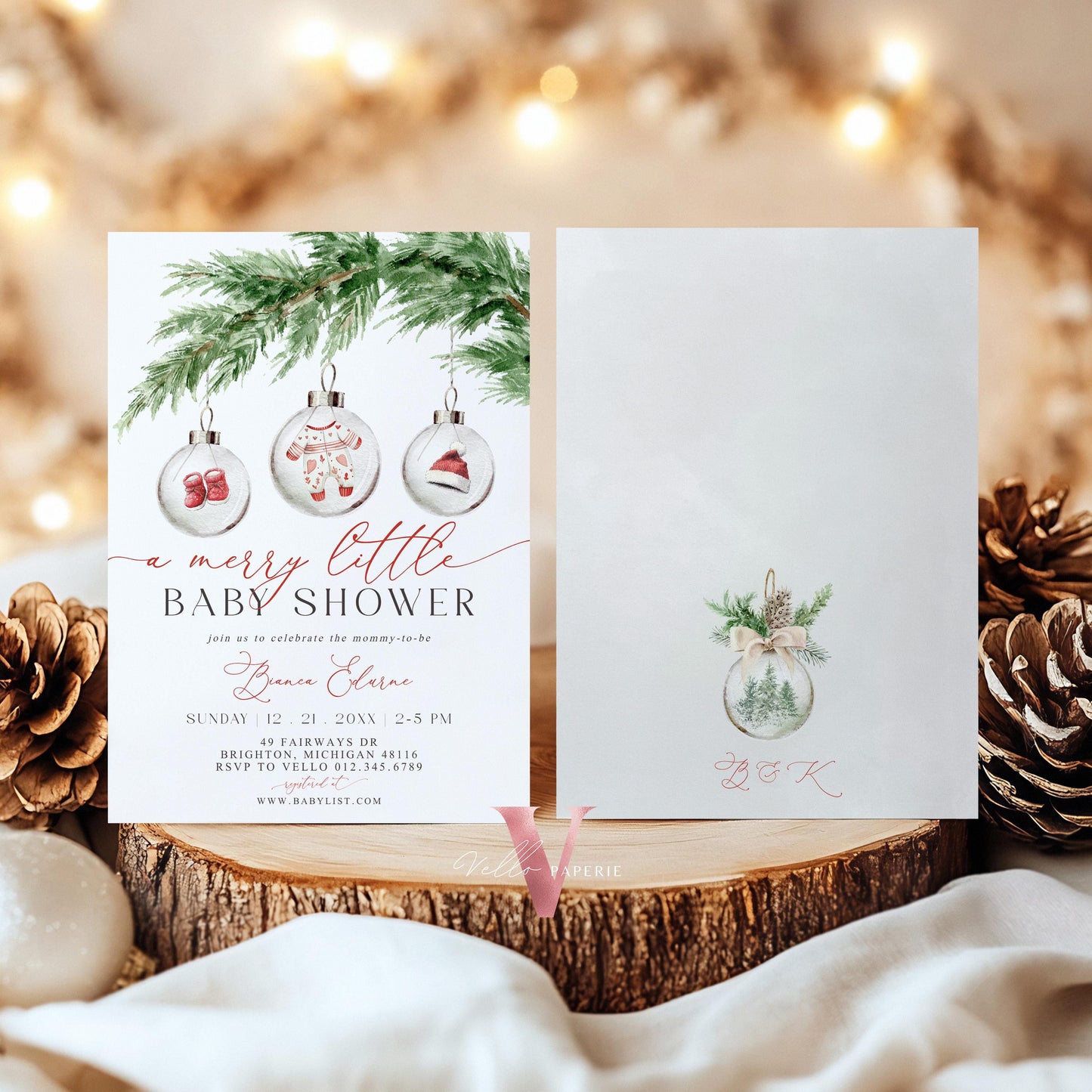 BUNDLE A Merry Little Baby Shower Invitation | Winter Gender Neutral Baby Coming Invite | Modern Red Silver Christmas Ball Glass CWBS01
