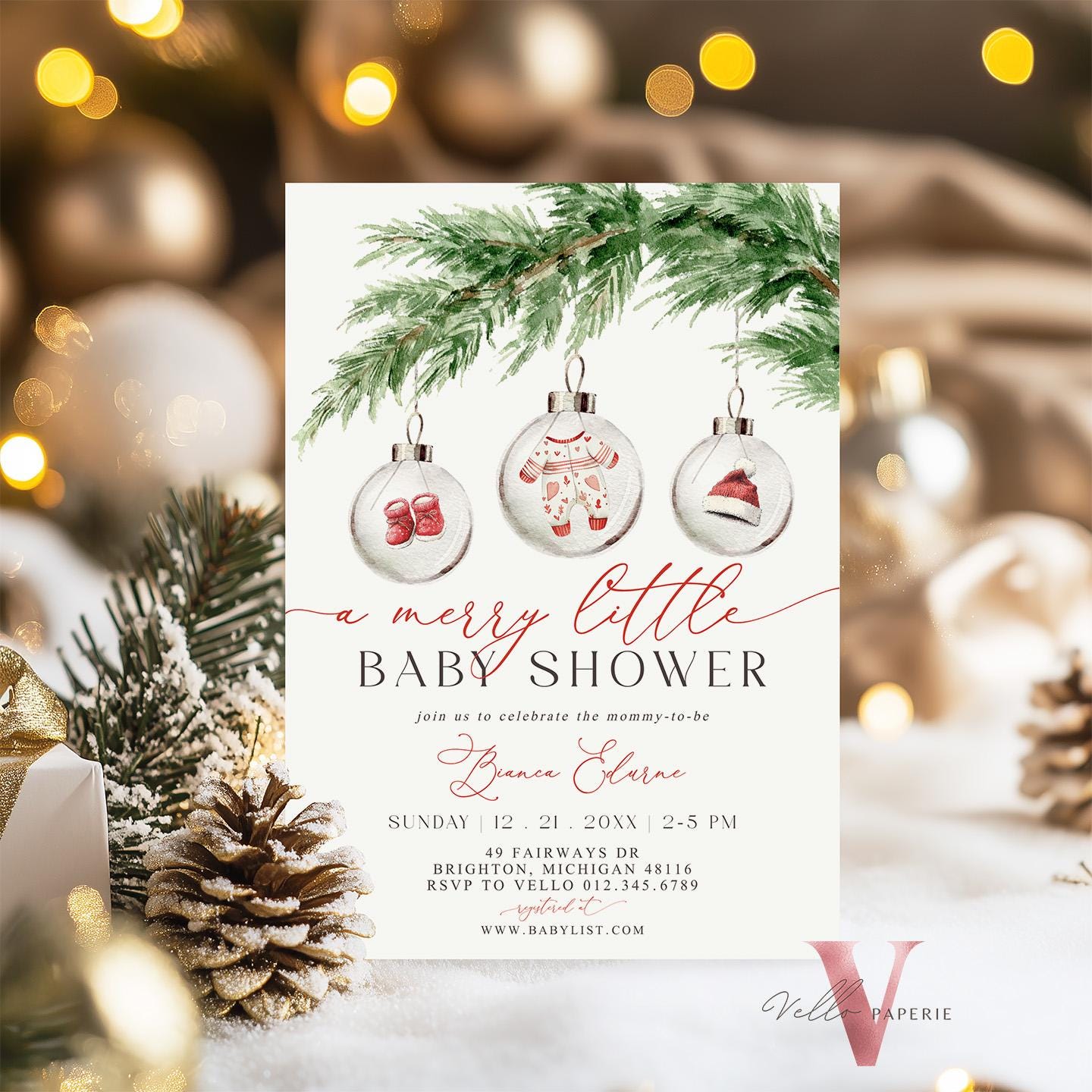 BUNDLE A Merry Little Baby Shower Invitation | Winter Gender Neutral Baby Coming Invite | Modern Red Silver Christmas Ball Glass CWBS01