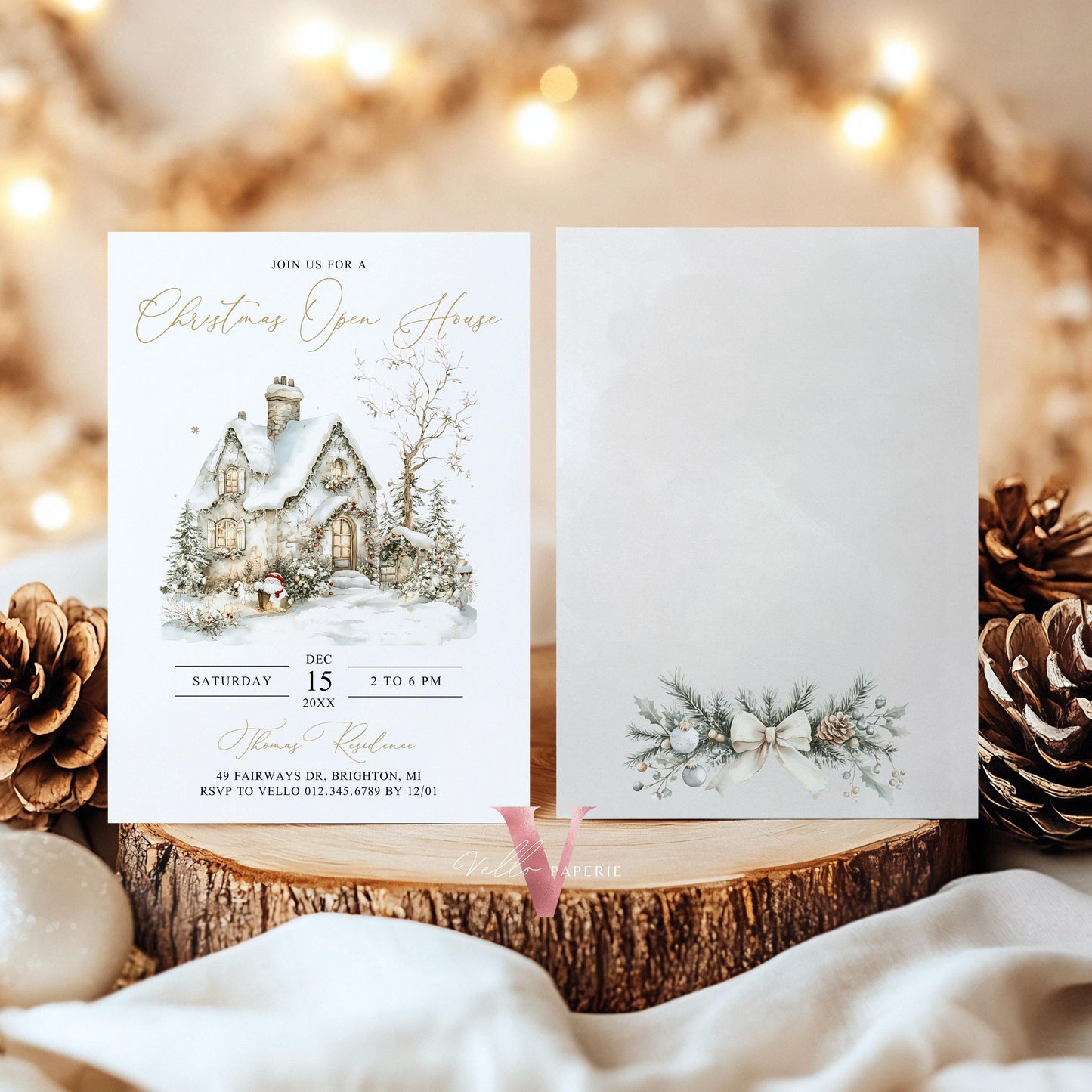 Editable Printable Christmas Open House Invitation | Neutral Winter Christmas Party Invite | Beige Gold Silver Holiday Xmas Party CHP01