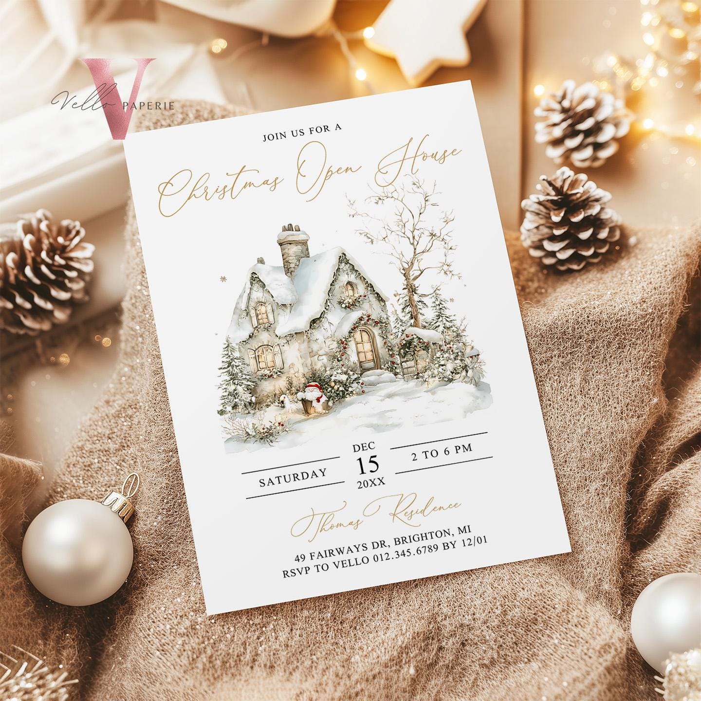Editable Printable Christmas Open House Invitation | Neutral Winter Christmas Party Invite | Beige Gold Silver Holiday Xmas Party CHP01