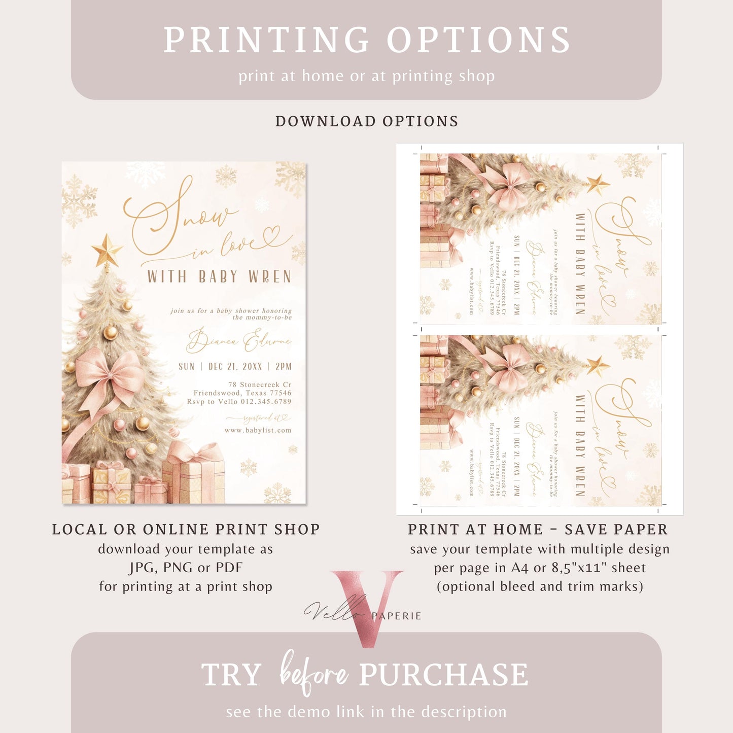 BUNDLE Blush Pink SNOW in LOVE Baby Shower Invitation | It's Cold Outside Shower Invitation | Winter Snowflakes Boho Christmas Baby WBS01