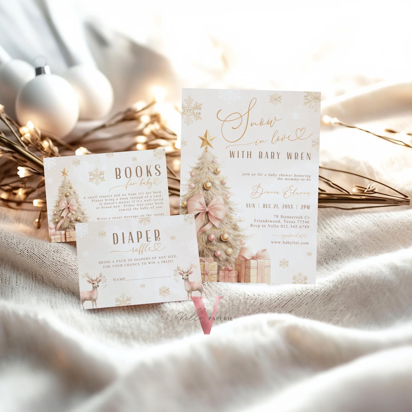 BUNDLE Blush Pink SNOW in LOVE Baby Shower Invitation | It's Cold Outside Shower Invitation | Winter Snowflakes Boho Christmas Baby WBS01