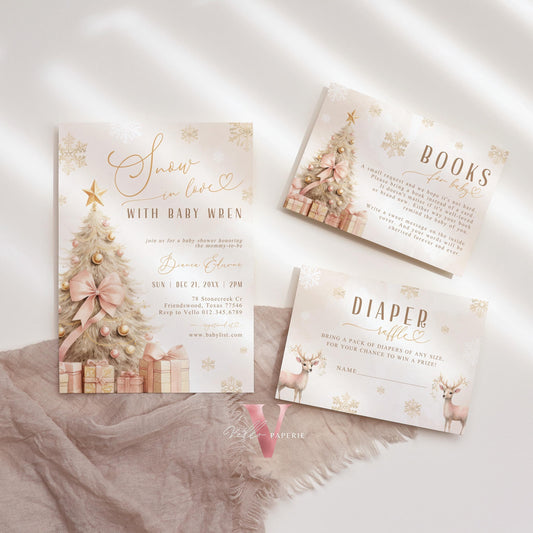 BUNDLE Blush Pink SNOW in LOVE Baby Shower Invitation | It's Cold Outside Shower Invitation | Winter Snowflakes Boho Christmas Baby WBS01