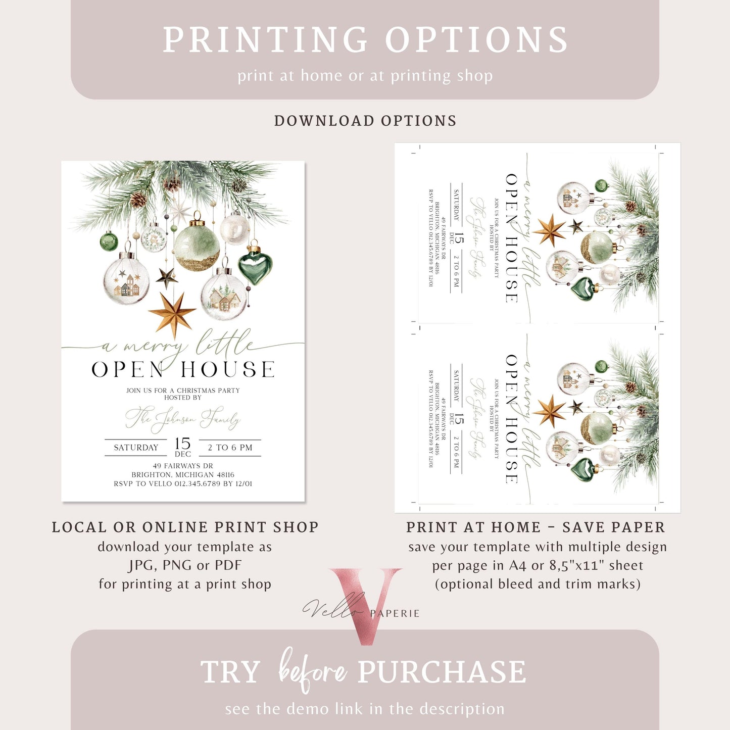 Merry Little Open House Invitation | Neutral Christmas Party Invite | Boho Silver Green Friendsmas Party Invite Christmas Decor CHP01