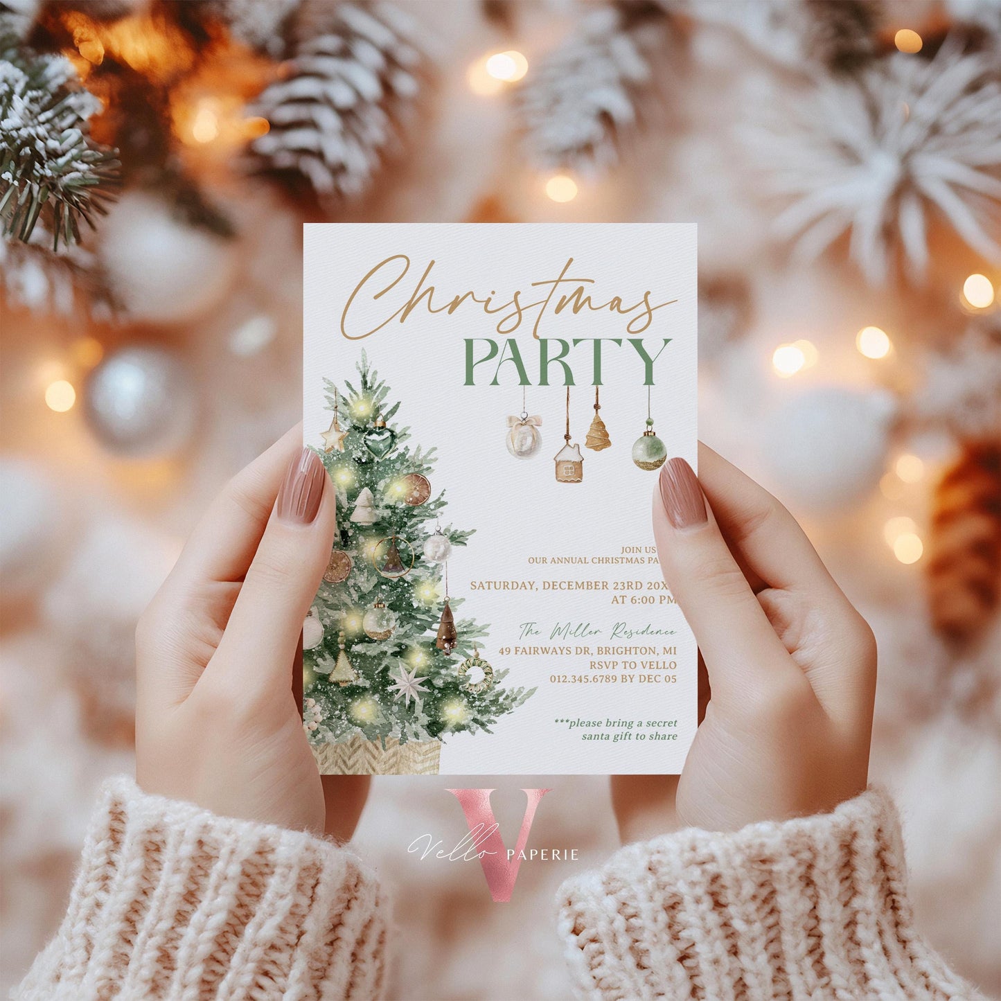 Editable Neutral Christmas Party Invite | Modern Boho Gold Green Friendsmas Party Invite | Christmas Open House, Christmas Tree CHP01