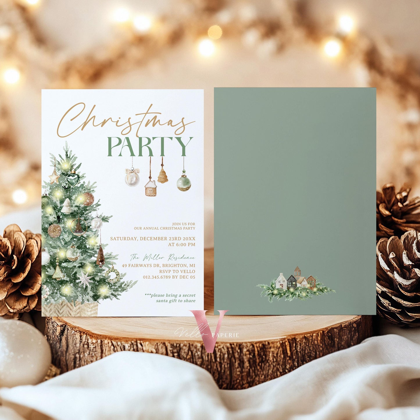 Editable Neutral Christmas Party Invite | Modern Boho Gold Green Friendsmas Party Invite | Christmas Open House, Christmas Tree CHP01