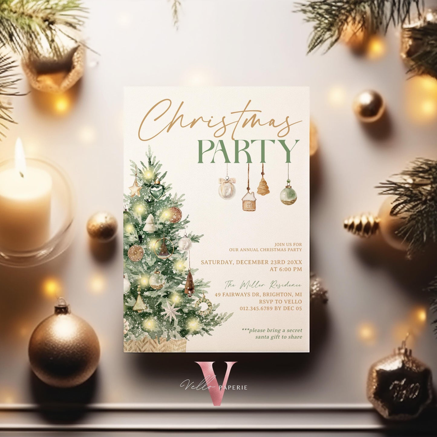Editable Neutral Christmas Party Invite | Modern Boho Gold Green Friendsmas Party Invite | Christmas Open House, Christmas Tree CHP01