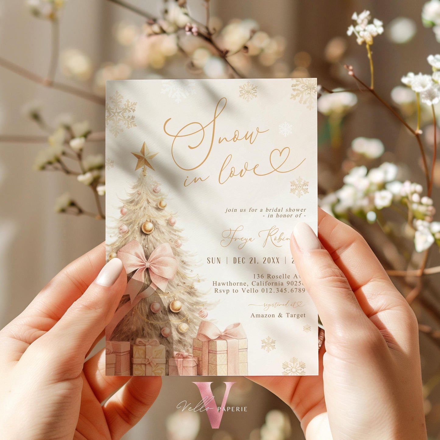 Coquette Blush Pink SNOW in LOVE Bridal Shower Invitation | Winter Snowflakes Gold Christmas Tree Bride to Be, Couple Wedding Shower WBD01