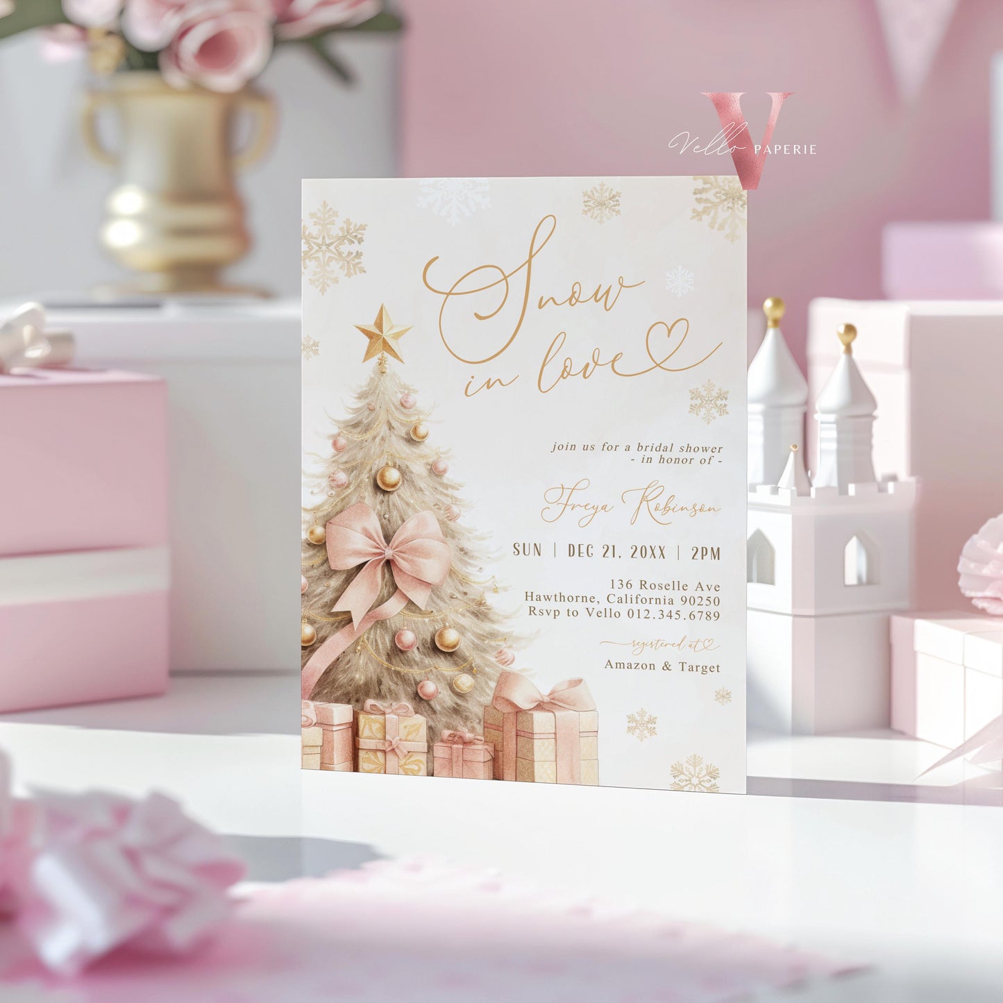 Coquette Blush Pink SNOW in LOVE Bridal Shower Invitation | Winter Snowflakes Gold Christmas Tree Bride to Be, Couple Wedding Shower WBD01