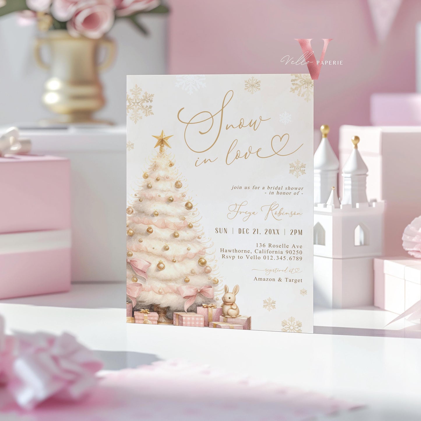 Coquette Blush Pink SNOW in LOVE Bridal Shower Invitation | Winter Snowflakes Gold Christmas Tree Bride to Be, Couple Wedding Shower WBD01