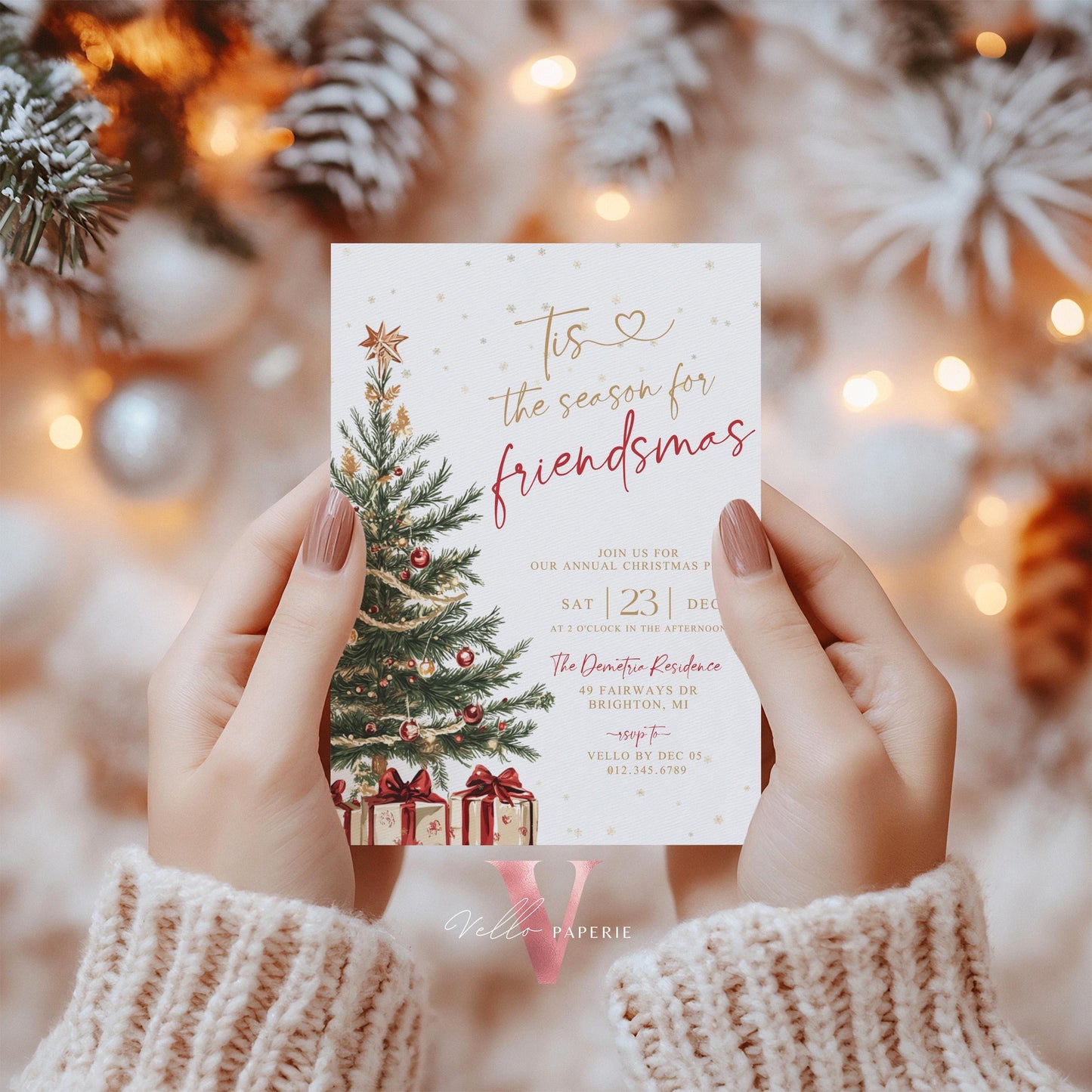 Editable Printable Tis the season for Friendsmas Invitation | Neutral Winter Christmas Party Invite | Red Gold Green Holiday Party CHP01