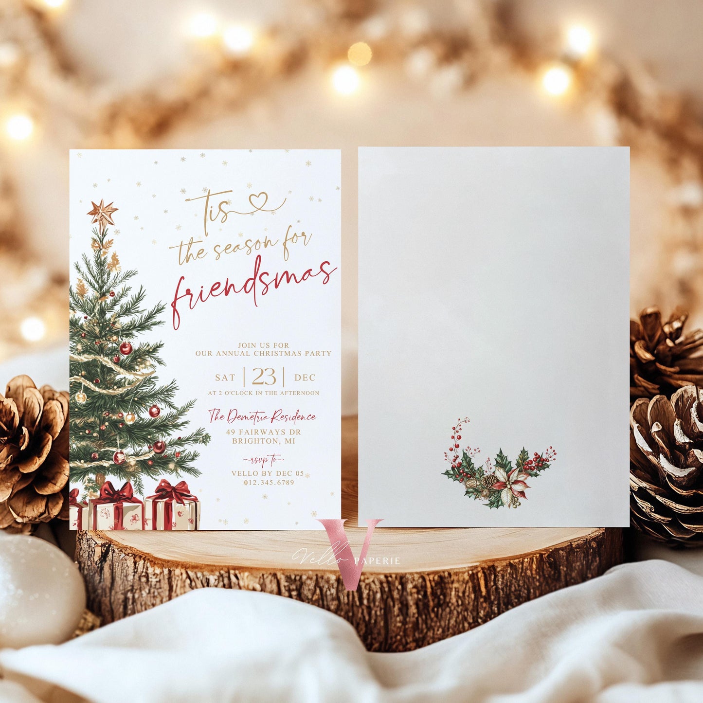 Editable Printable Tis the season for Friendsmas Invitation | Neutral Winter Christmas Party Invite | Red Gold Green Holiday Party CHP01