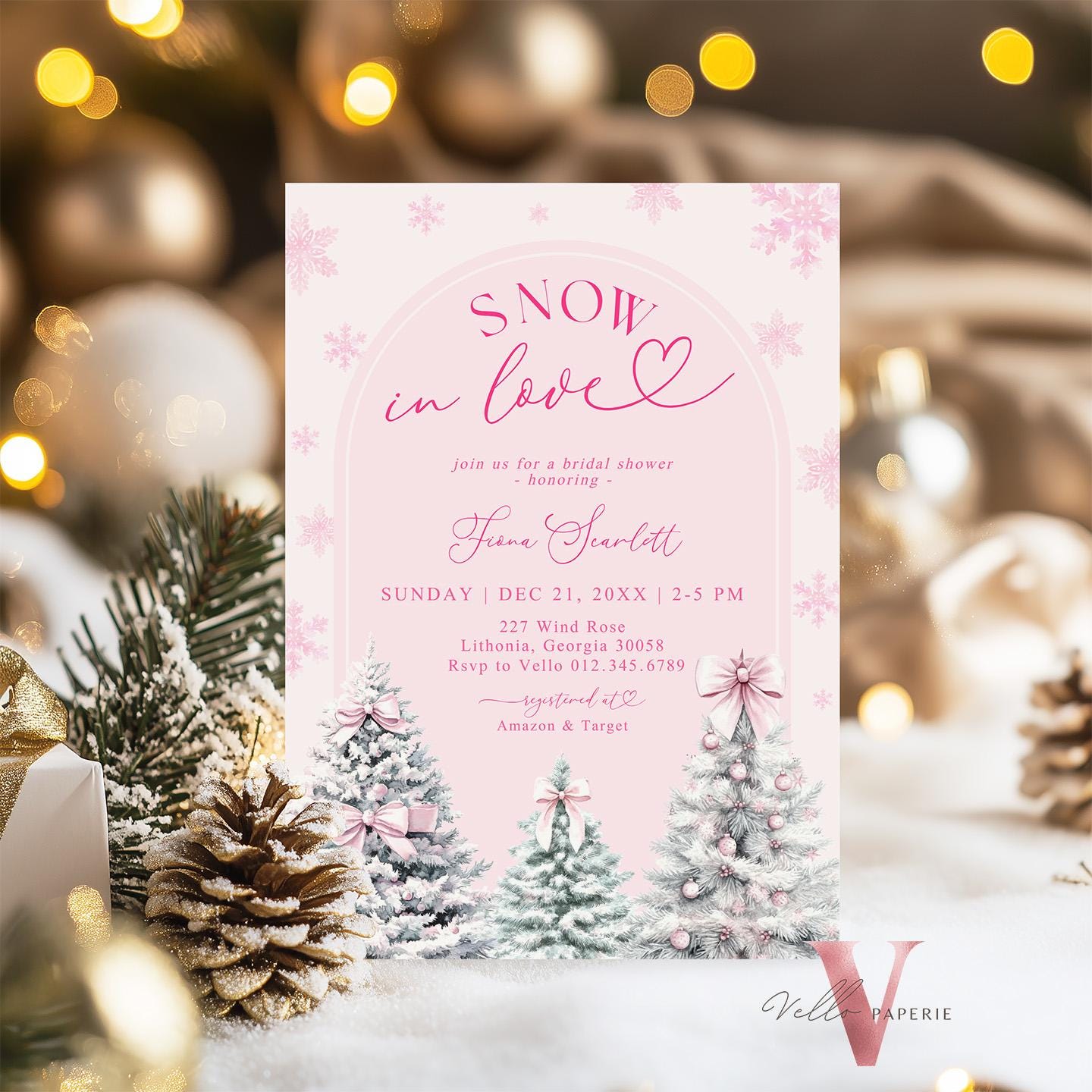 Coquette Pink SNOW in LOVE Bridal Shower Invitation | Winter Snowflakes Pink Christmas Tree Bride to Be, Couple Shower, Wedding Shower WBD01