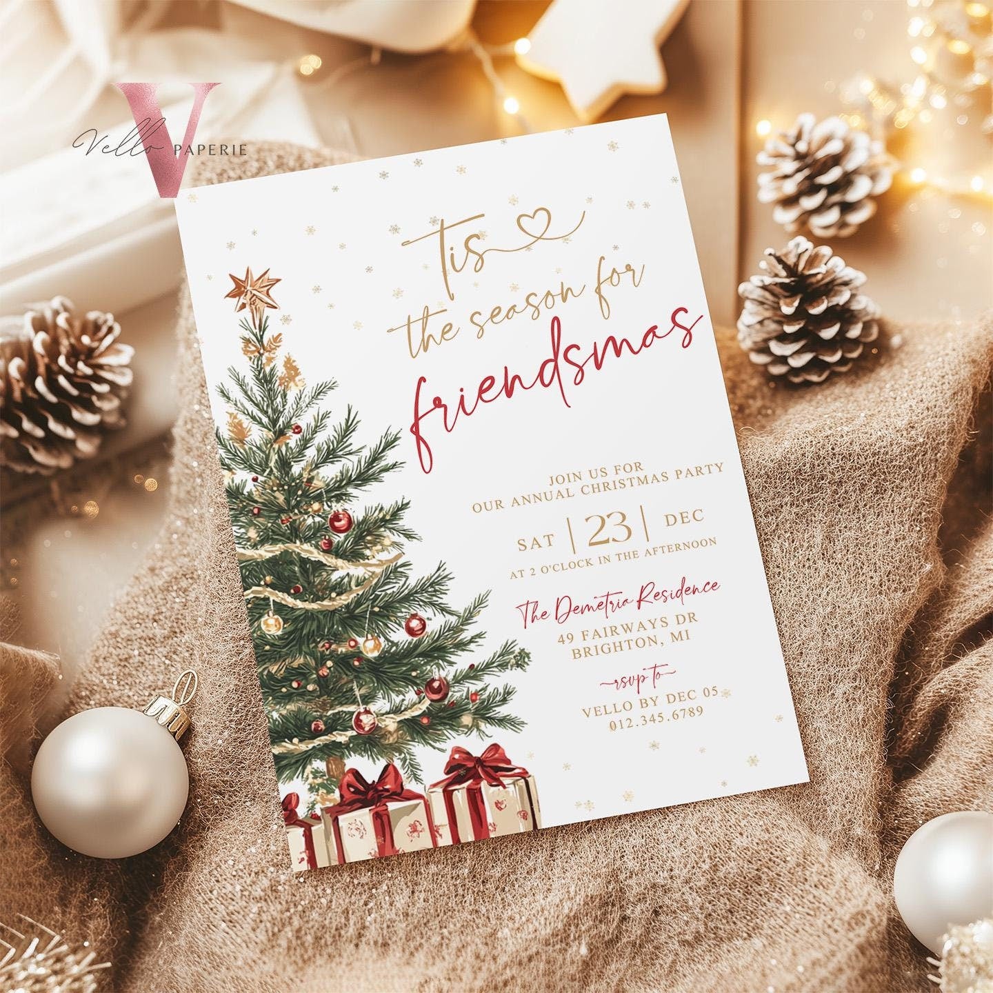 Editable Printable Tis the season for Friendsmas Invitation | Neutral Winter Christmas Party Invite | Red Gold Green Holiday Party CHP01